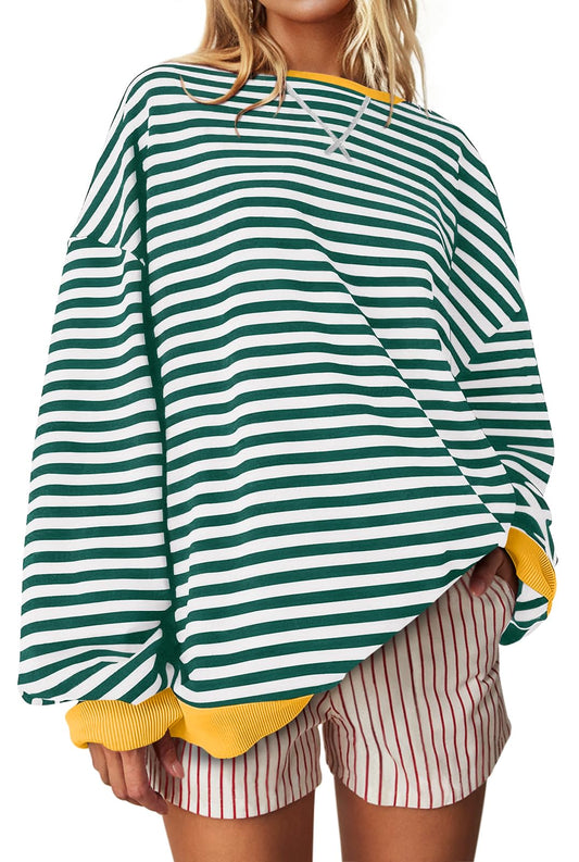 UEU Women Oversized Striped Sweatshirt Color Block Crew Neck Sweatshirt Casual Long Sleeve Pullover Shirt Green X-Large