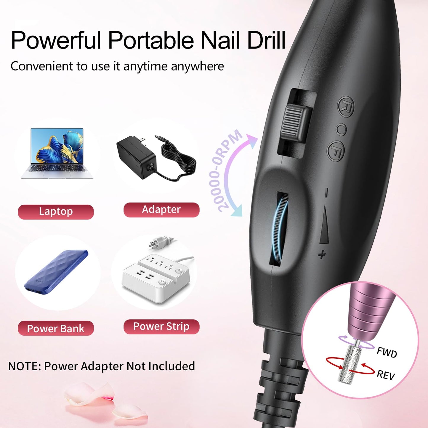 Melodly Electric Nail Drill, Professional Acrylic Nail Drills Machine for Gel, Acrylic Nails, Portable USB Electric Nail File Efile Set with Iridescent Nail Drill Bits, Manicure Pedicure Nail Tools