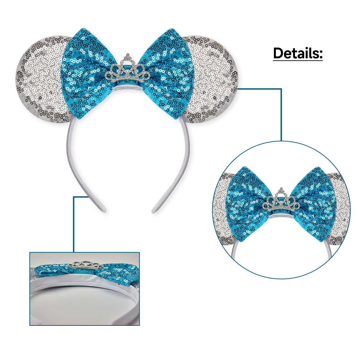 RAZKO Cinderella Minnie Ears Headband, Sequin Silver Blue Mickey Ears Headband Mouse ears Headband for Women Girls Hair Accessories (Silver-Crown)