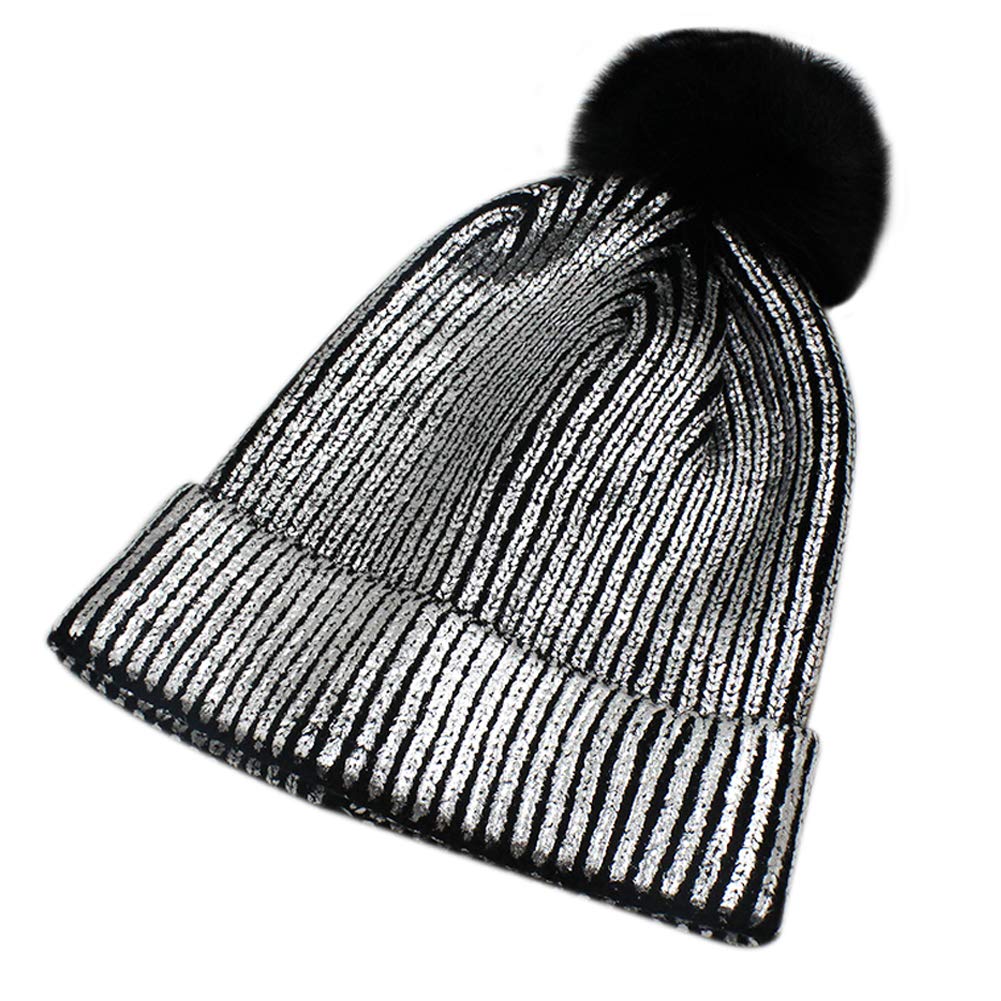 BabyPrice Women Girls Metallic Knitted Winter Beanie Hat Slouchy Faux Fur Pom Pom Skull Cap