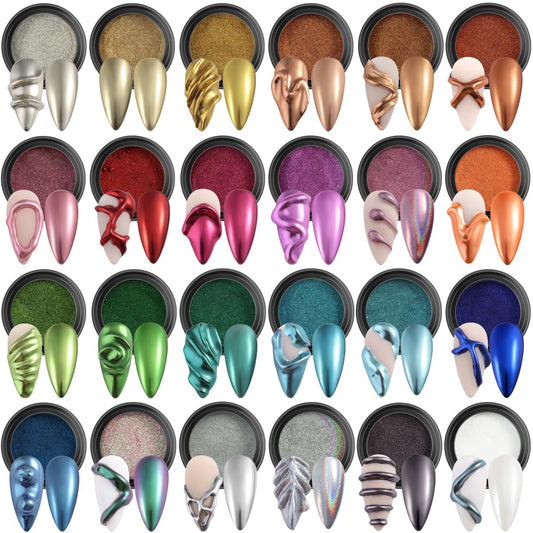 Fcozpjk 24 Colors Chrome Nail Powder Set Metallic Mirror Effect Gold Silver Pink Chrome Nail Powder White Pearl Iridescent Multi Chrome Powder for Nails Chameleon Rubbing Pigment Manicure Supplies