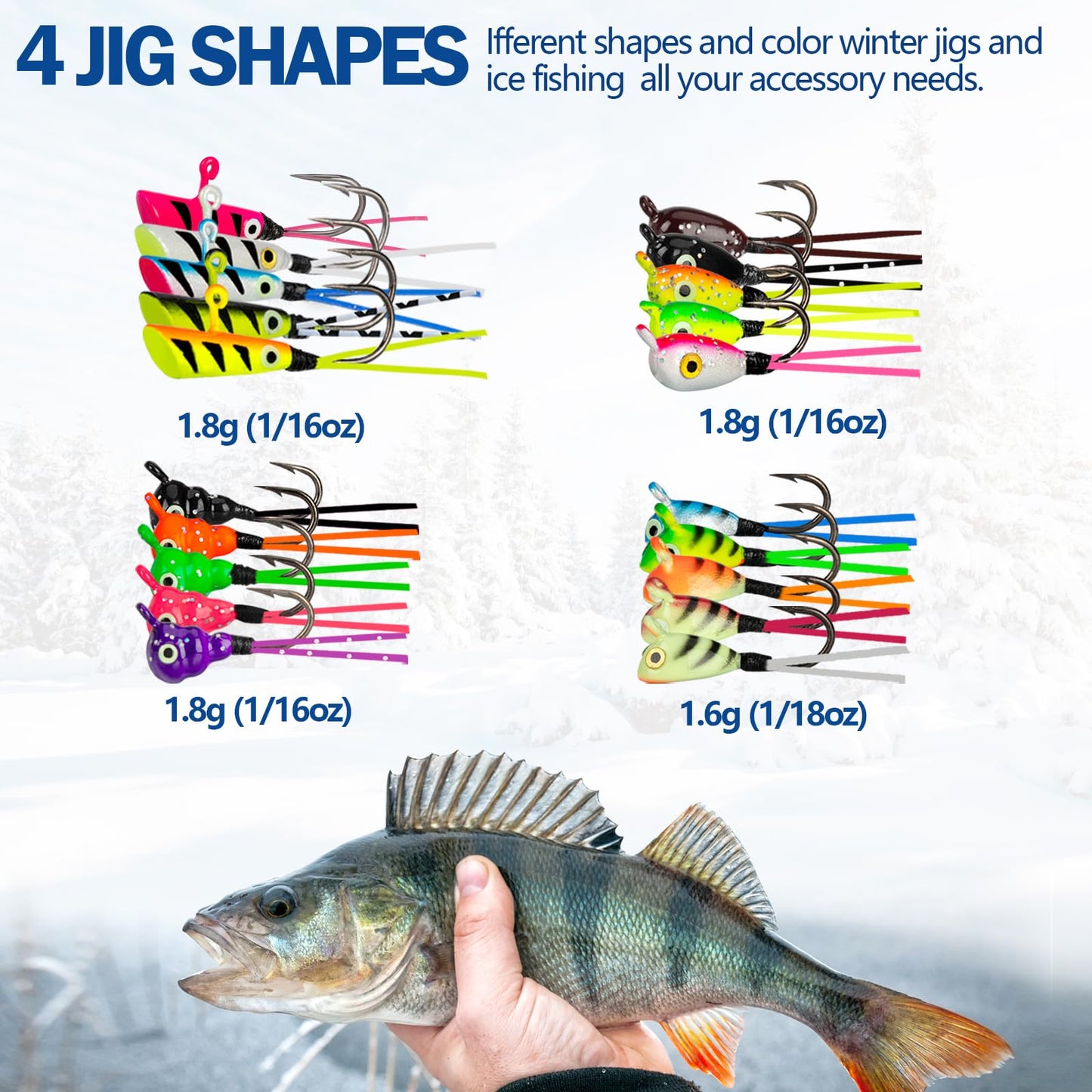Ice Fishing Jigs, 20pcs Dancing Ice Fishing Jig Rubber Skirt Kit Winter Ice Fishing Lures Ice Fishing Lures and Jigs Walleye Ice Fishing Gear for Ice Jigging Panfish Crappie Panfish Pike, 4 Styles