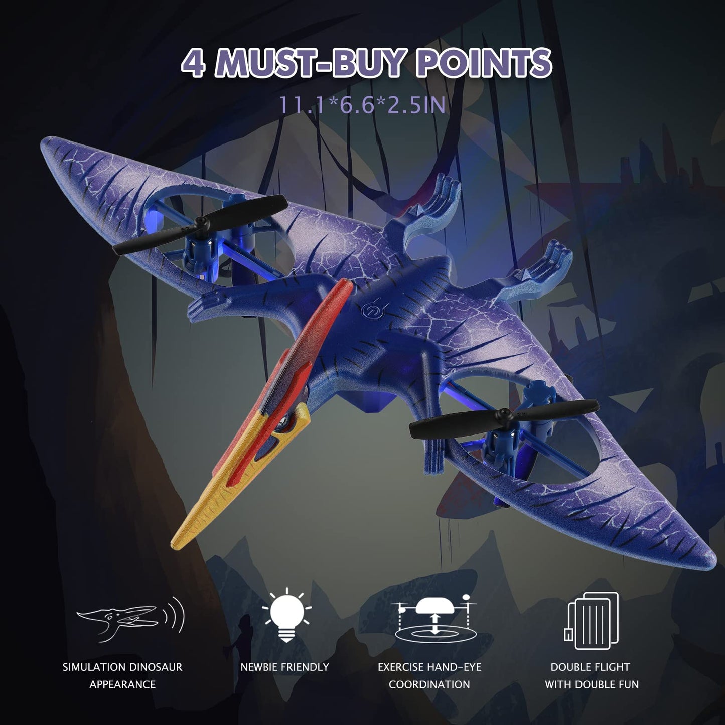 Indoor Quadcopter with Altitude Hold - Pterosaur Dinosaur Toys Drone for Kids Headless Mode, One Key Start Speed Adjustment Toys for 8 9 10 11 12 Year Old Boys&Girls, Birthday, Christmas Gifts