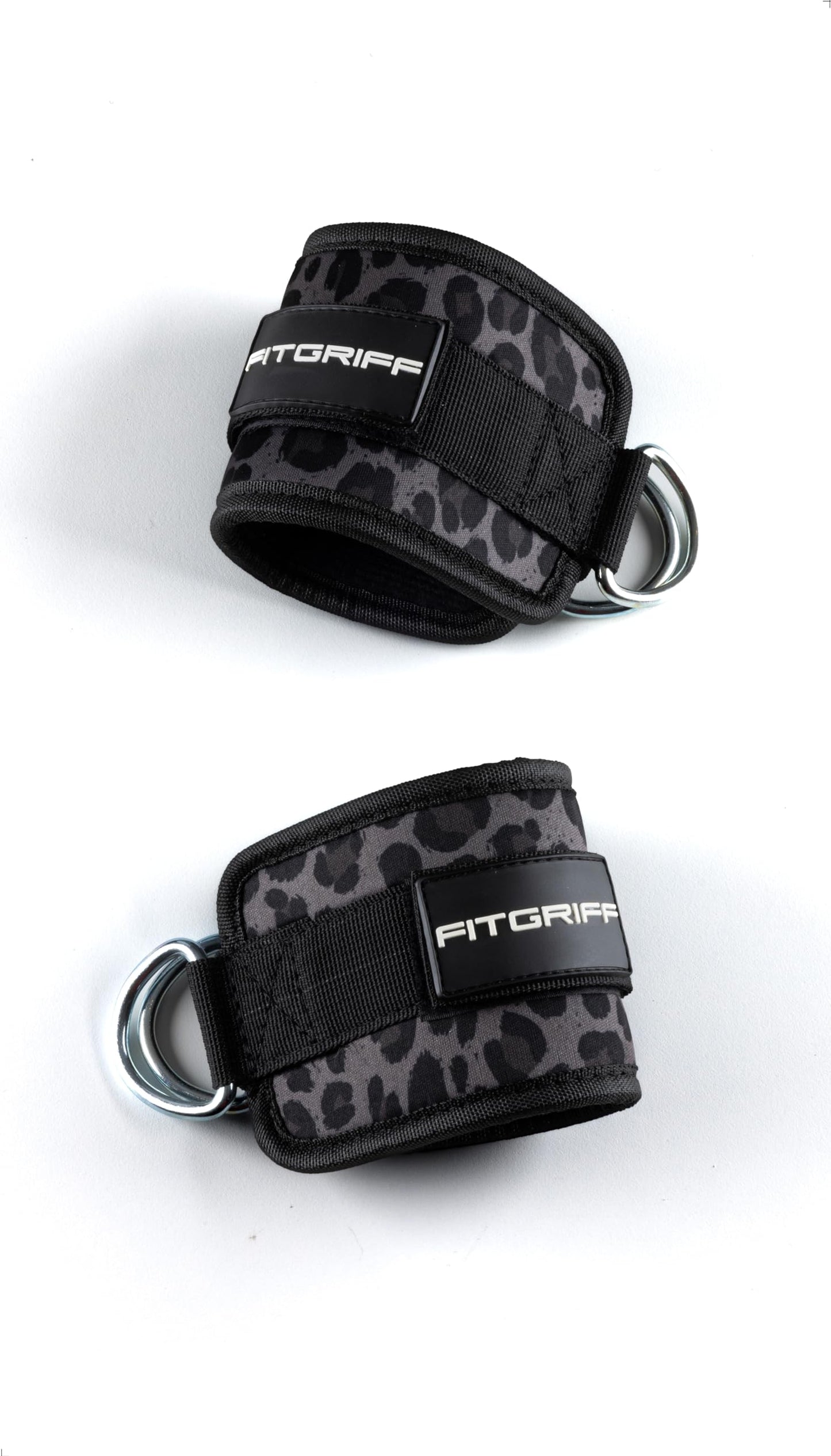 Fitgriff® Ankle Straps V1 for Cable Machine (2 Pieces) - Gym Workout Equipment - Leg Pulley Attachment, Kickback Straps (Leopard)