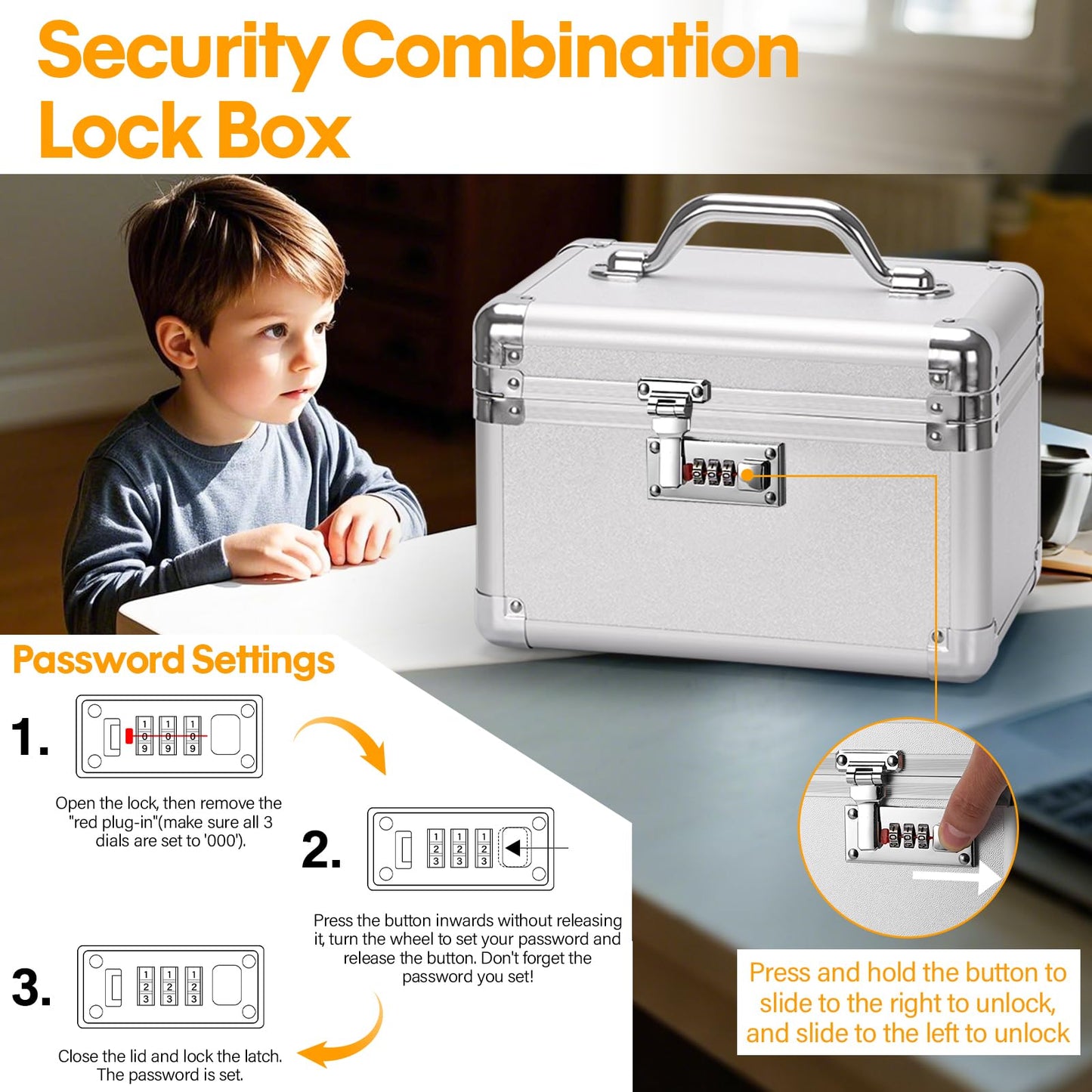 Vilcjson Combination Lock Box - 10.2x6.7x6.9 Inch - Security Lock Boxes for Medicine, Locking Storage Box for Personal Items Passports and Documents, Lockable Lockbox for Office Business, Silver
