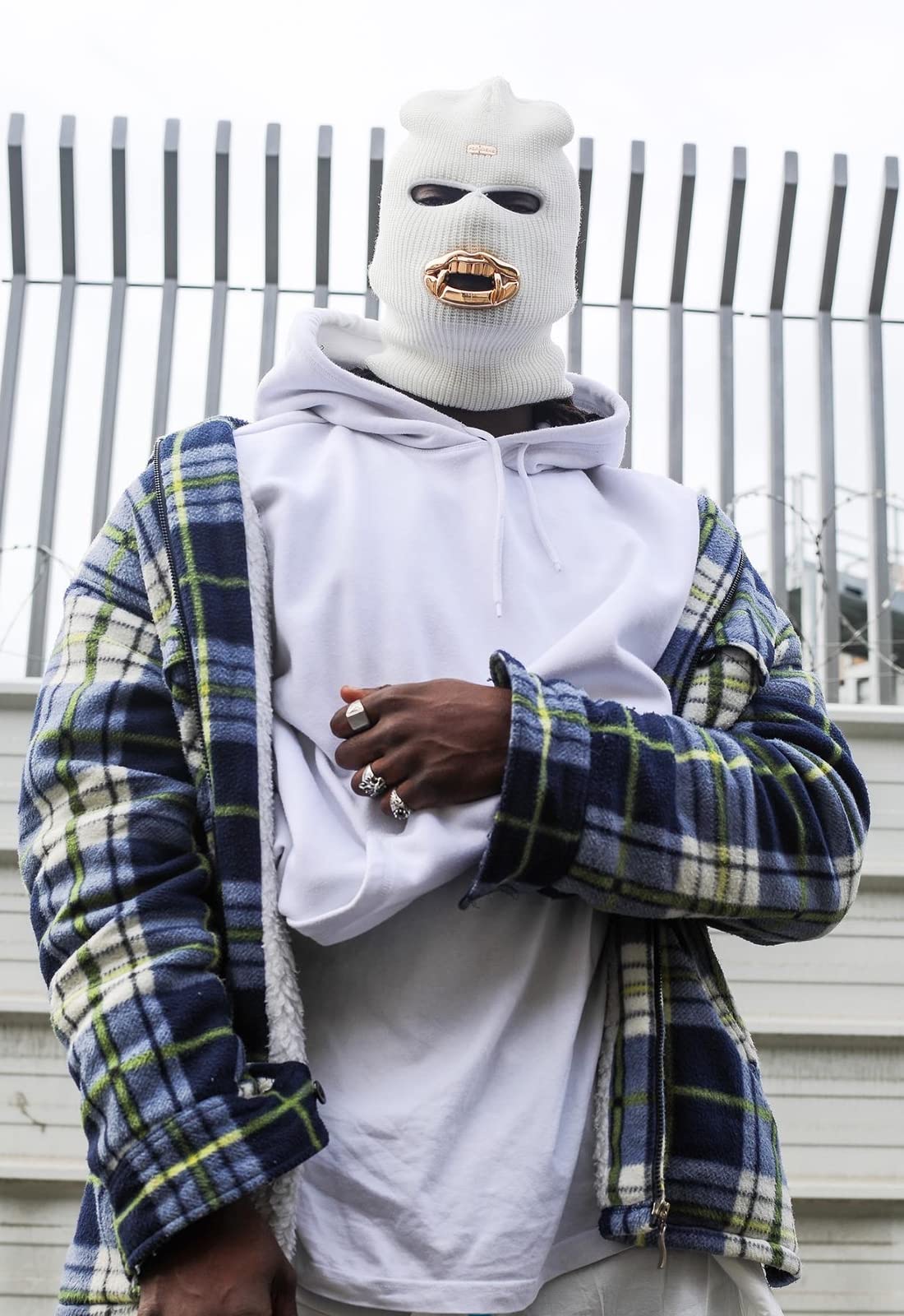 3 Hole Knitted Ski Mask Beanie - Full Face Winter Warm Balaclava with Fangs Design for Men & Women White