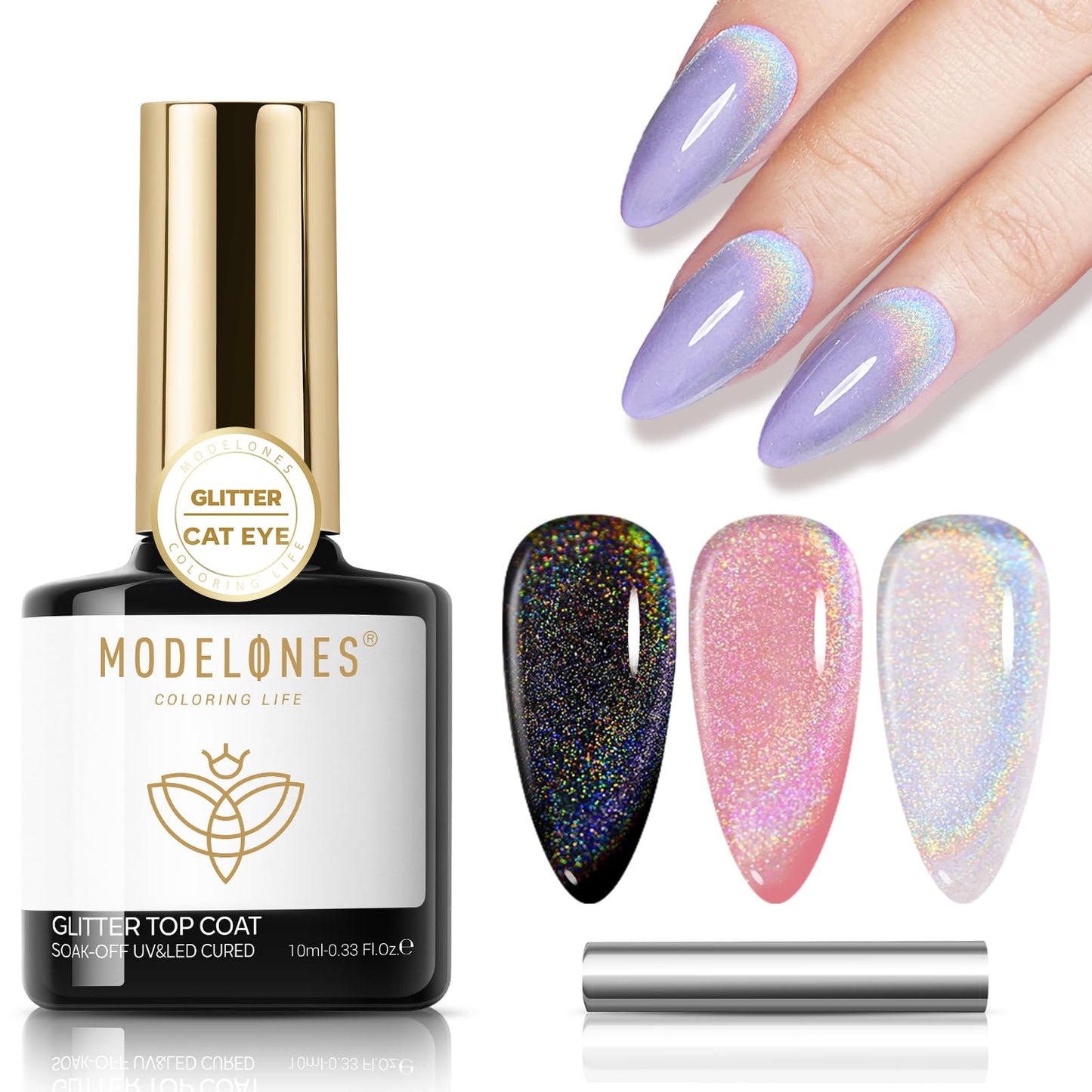 modelones Cat Eye Gel Nail Polish Top Coat, 2-in-one Rainbow 9D Glitter Clear Gel Polish with Magnet Stick Holographic Glossy Finish Long Lasting Soak Off Manicure Home Salon Nail Art 10 ML