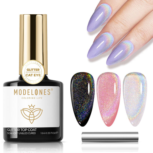 modelones Cat Eye Gel Nail Polish Top Coat, 2-in-one Rainbow 9D Glitter Clear Gel Polish with Magnet Stick Holographic Glossy Finish Long Lasting Soak Off Manicure Home Salon Nail Art 10 ML