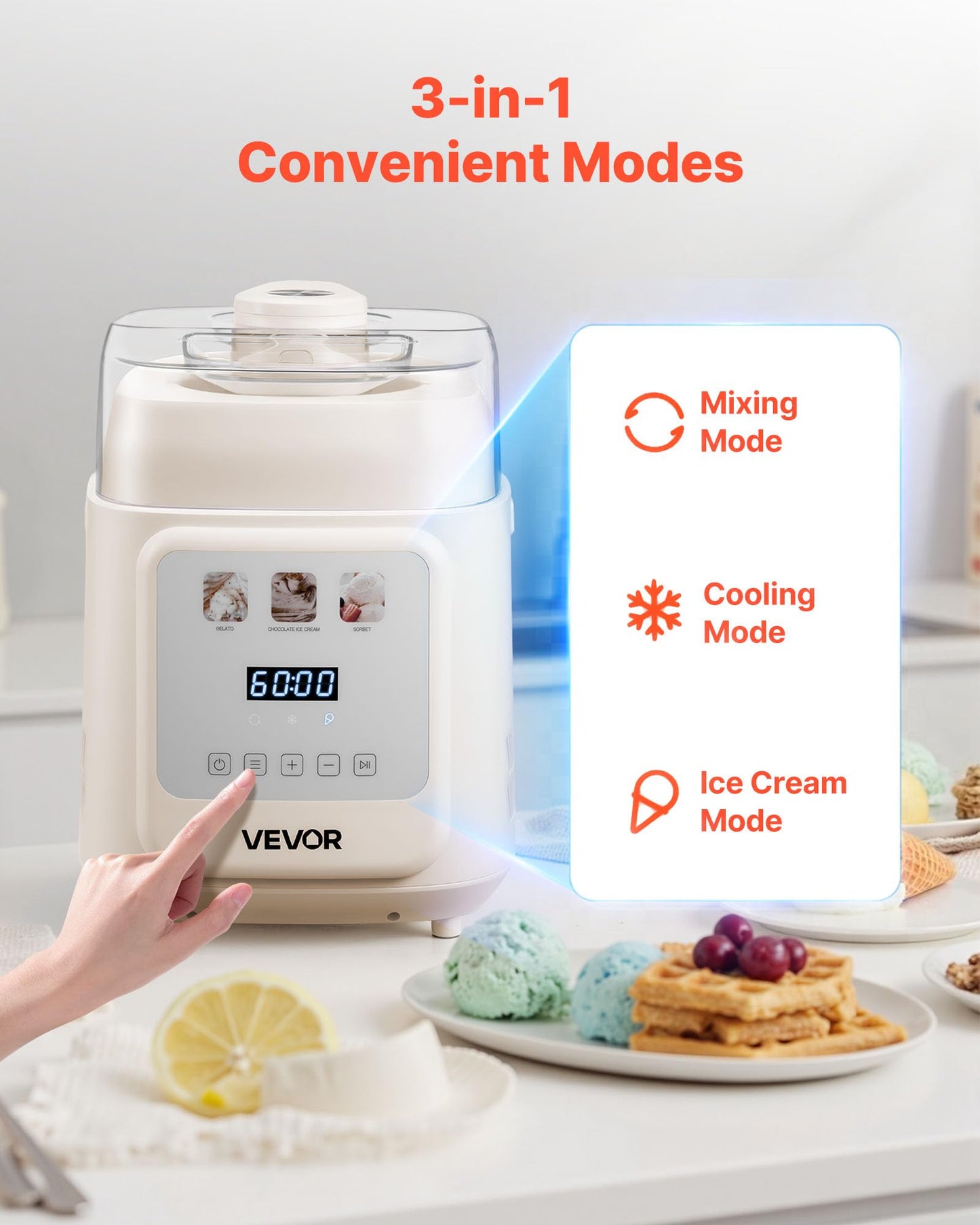 VEVOR Upright Automatic Ice Cream Maker with Built-in Compressor, 1 Quart No Pre-freezing Gelato Maker & Frozen Yogurt Machine, 4 Modes Electric Sorbet-Maker, Compressor Ice Cream Machine for Home