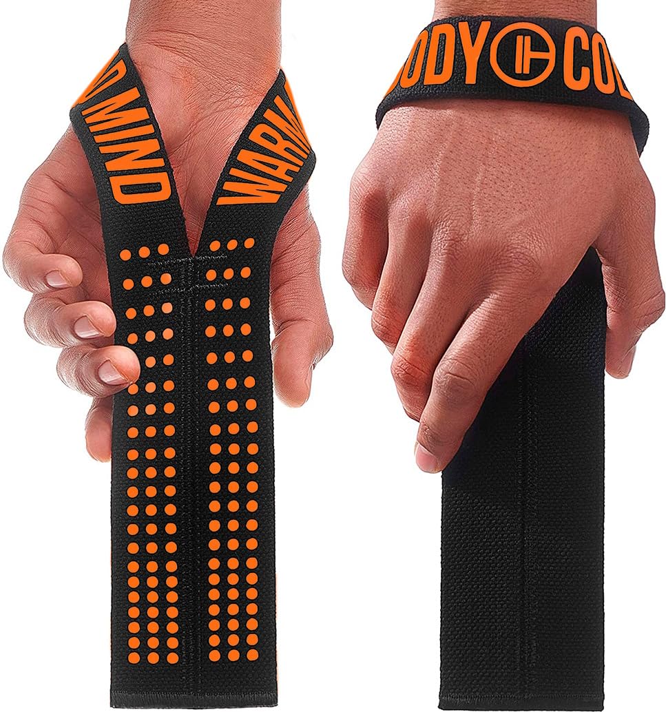 WARM BODY COLD MIND V1 Lifting Wrist Straps for Olympic Weightlifting, Powerlifting, Bodybuilding, Functional Strength Training, for Crossfit - Heavy-Duty Cotton Wrist Wraps, Pairs (Black/Orange)