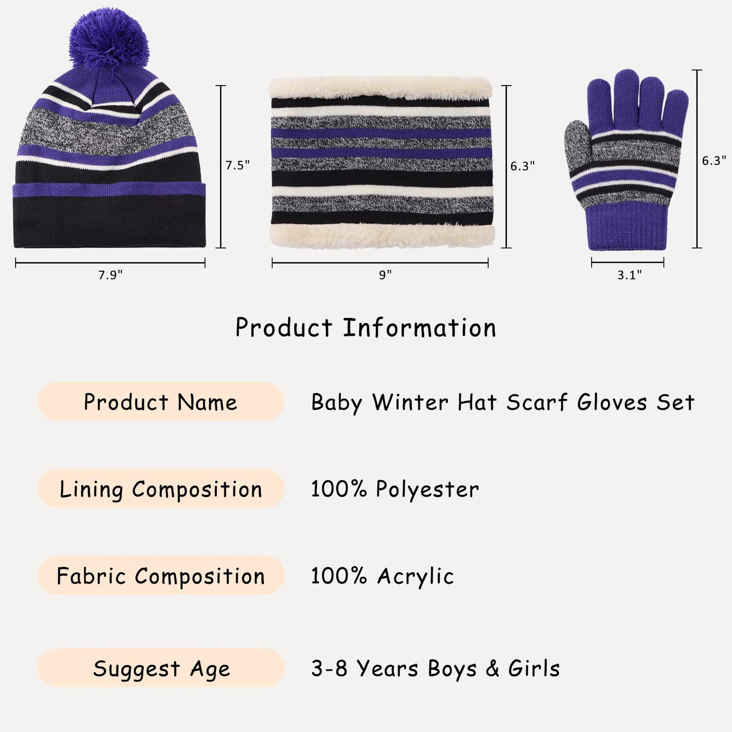 Winter Kids Hat Scarf Glove Set Knit Fleece Lined Beanie Neck Warmer Mittens for Toddler Boys Girls 3-8 Years(Deep Purple)