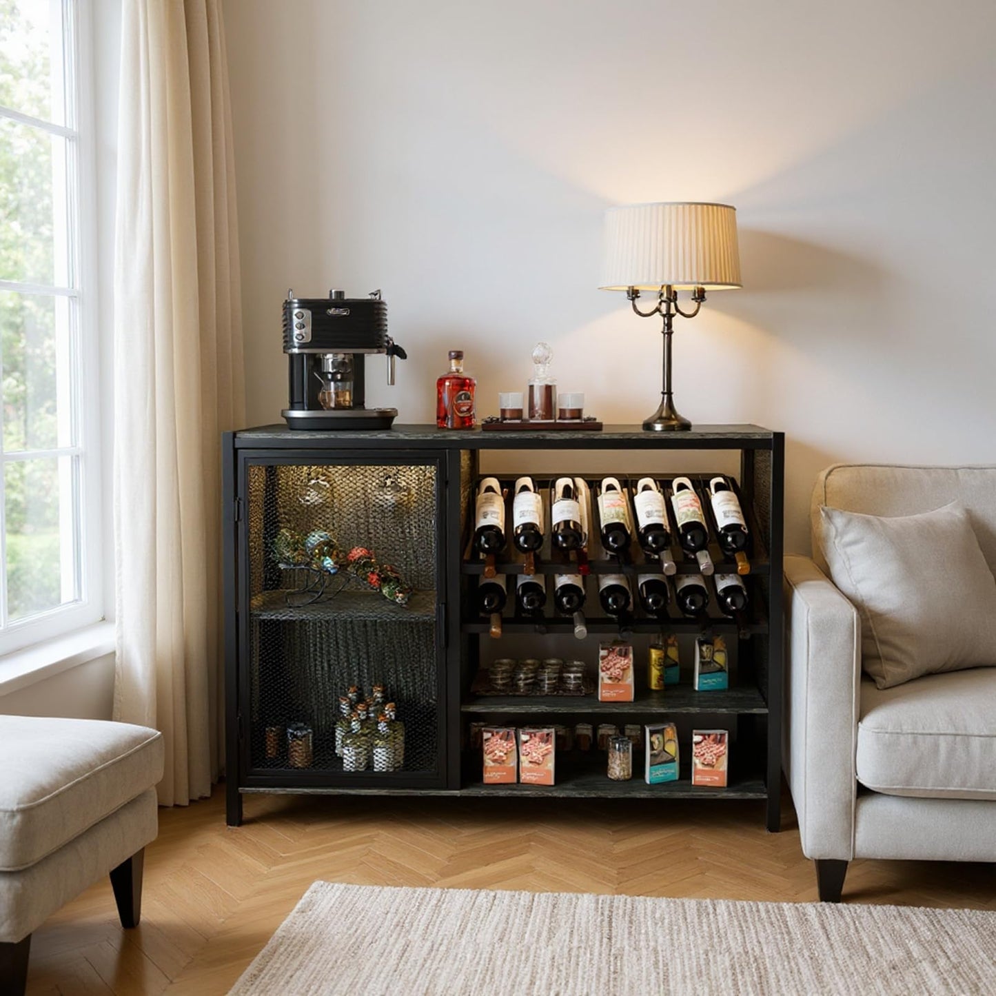 Wine Bar Cabinet with Socket and RGB Light, 47'' Home Coffee Bar Cabinet with Wine Rack and Glass Holder Buffet Sideboard TV Stand Liquor Cabinet for Living Room, Dining Room, Kitchen, Bar Grey