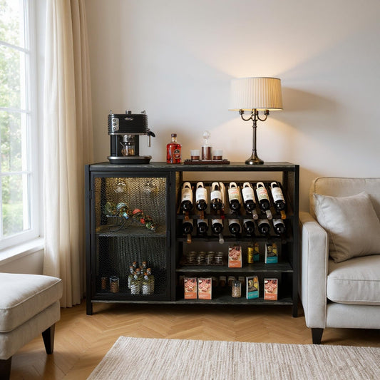 Wine Bar Cabinet with Socket and RGB Light, 47'' Home Coffee Bar Cabinet with Wine Rack and Glass Holder Buffet Sideboard TV Stand Liquor Cabinet for Living Room, Dining Room, Kitchen, Bar Grey