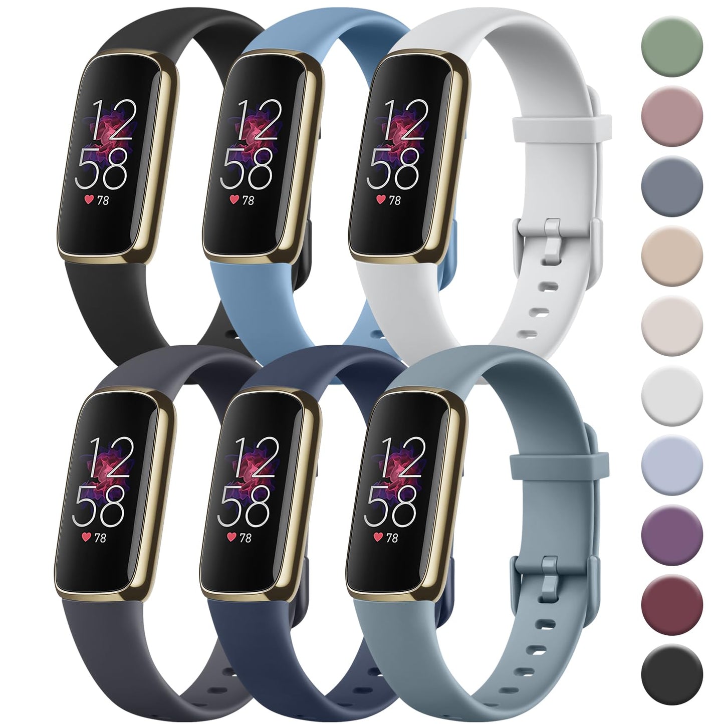 Tobfit 6 PACK Sport Bands Compatible with Fitbit Luxe Bands for Women Men, Soft Silicone Waterproof Straps Replacement Wristbands Compatible for Fitbit Luxe Watch Band, Small, Black/Winter Blue/Light