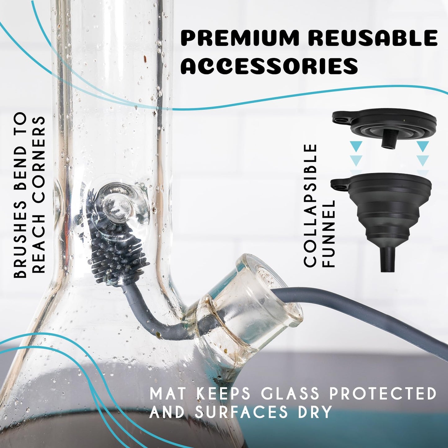 nugbuddy Glass Cleaning Kit - Reusable Silicone Accessories - Complete Kit to Clean your Piece, Just Add Cleaner - Reusable Soaker Bag, Brushes, Mat, Caps & Plugs, Funnel, & Microfiber Towel