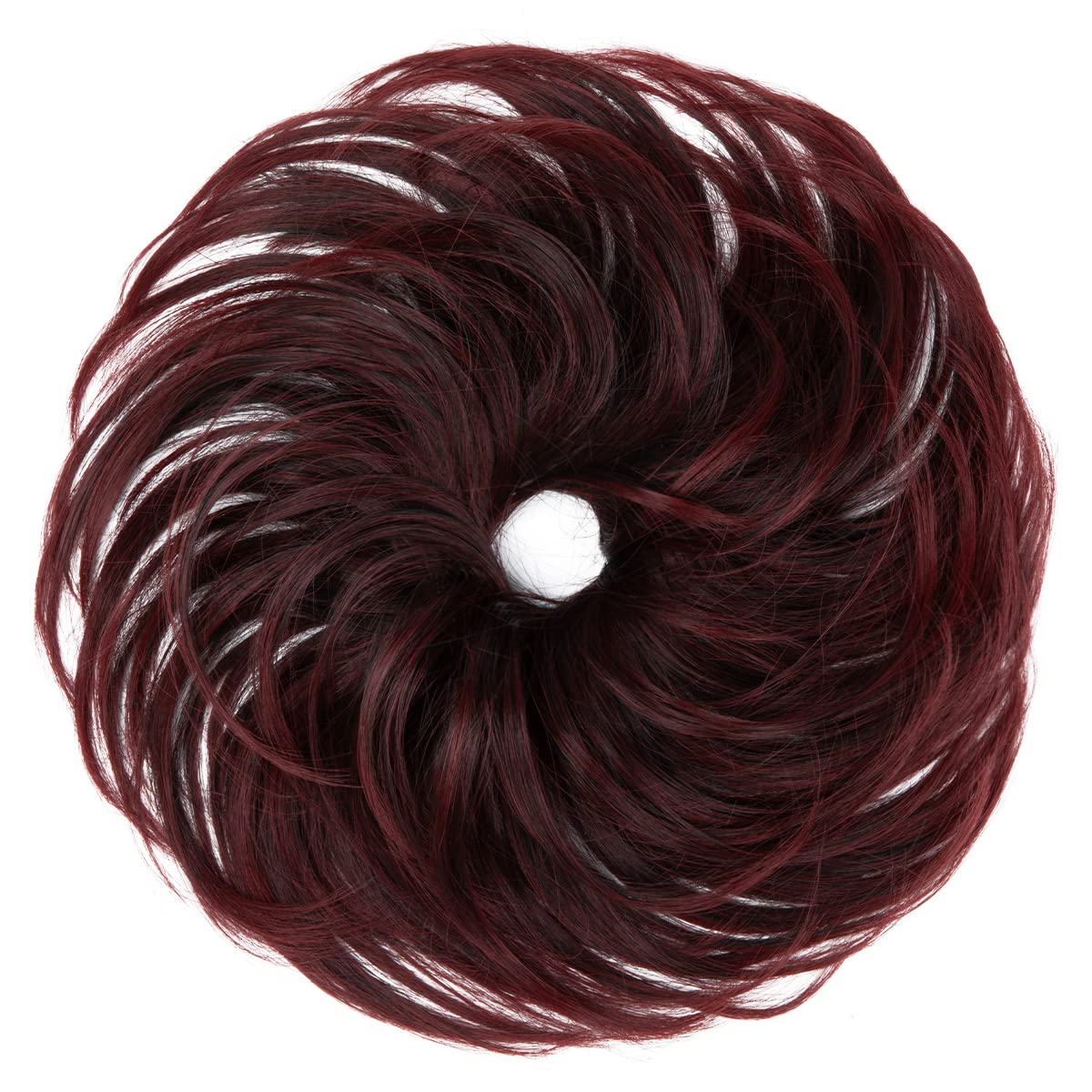 SARLA Messy Hair Bun Hair Pieces Curly Synthetic Updo Fake Scrunchies Ponytail Extension for Women Burgundy and Wine Red Tips 1PCS