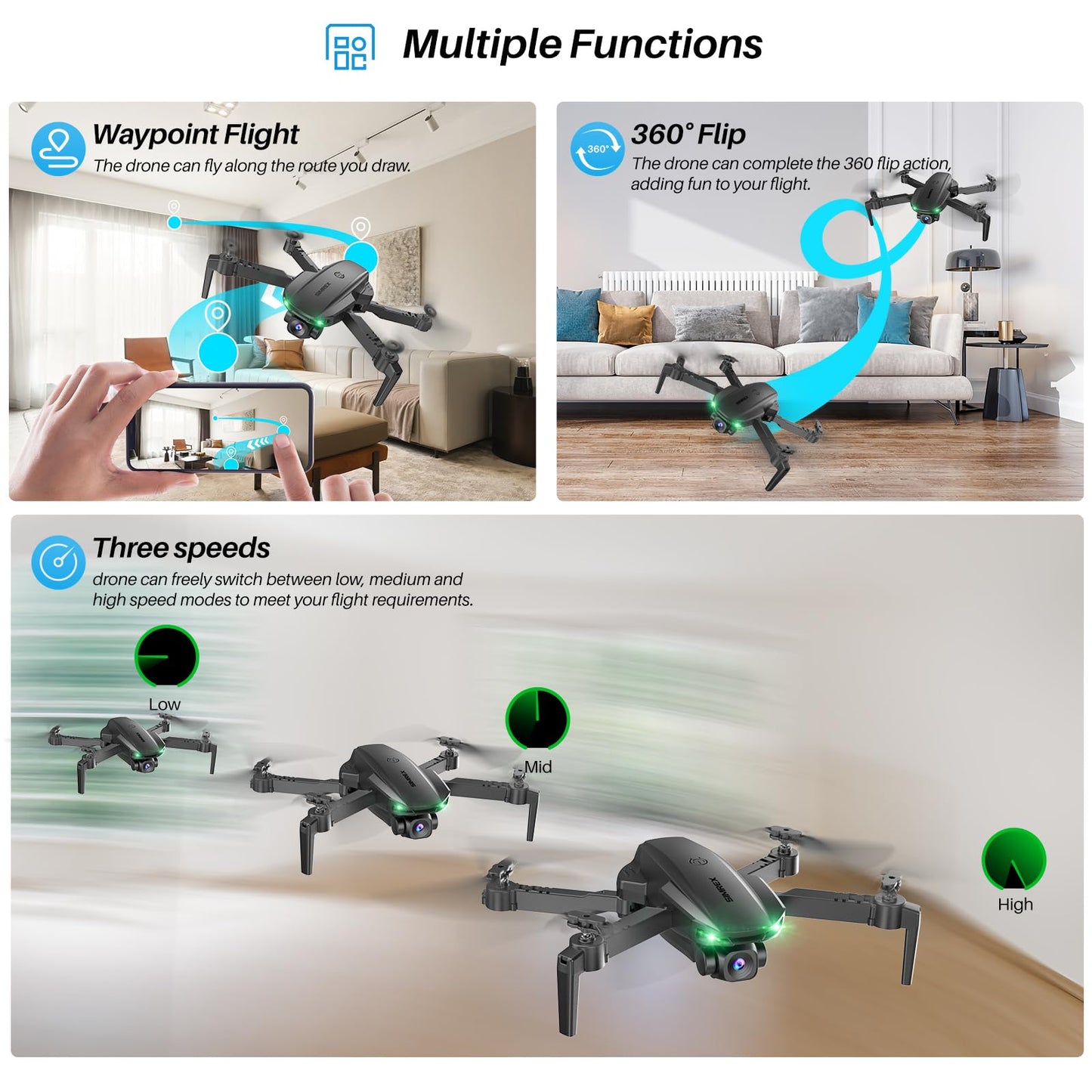 SIMREX Drone With Camera 1080P for Kids And Adults, RC Quadcopter with Altitude Hold, Mini Drone With One Key Start, Waypoint Fly, Headless Mode, 3D Flip, 3 Speeds, Remote Control Drone for Beginners