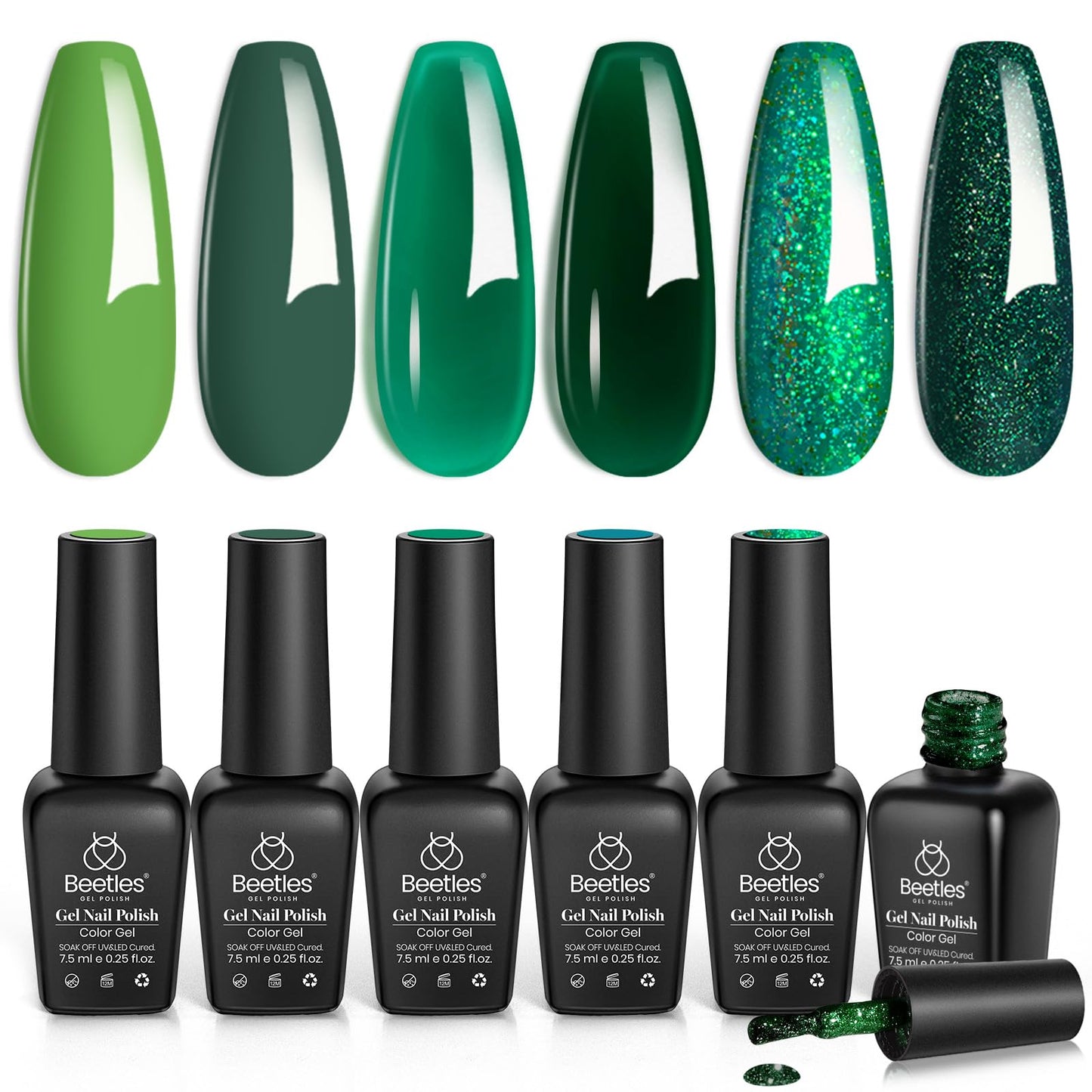 Beetles Carnival Evergreen Green Gel Nail Polish Set 6 Pcs Glitter Sparkle Green Gel Polish Kit Soak Off UV Nail Lamp Spring Summer Nail Art Design Gifts for Girls