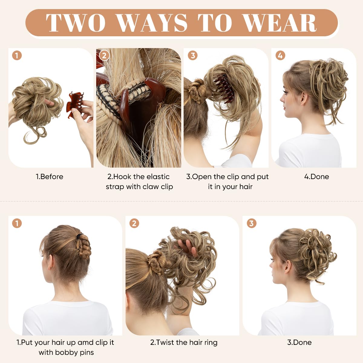 SARLA 2PCS Messy Bun Hair Pieces for Women Detachable Claw Clip Wavy Curly Synthetic Hairpieces for Updos with Tendrils Fake Scrunchies Ponytail Extension Brunette/Ash Blonde