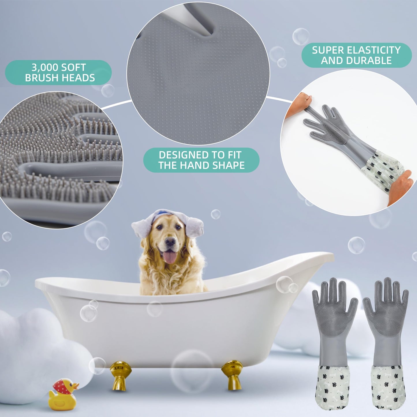 ROBATUN Dog Washing Gloves 2 Pack, Silicone Pet Hair Removal Glove with Soft Bristles & Finger Toothbrushes, Reusable Deshedding Scrubber for Dogs & Cats, Deep Cleaning & Anti-Slip Cuff
