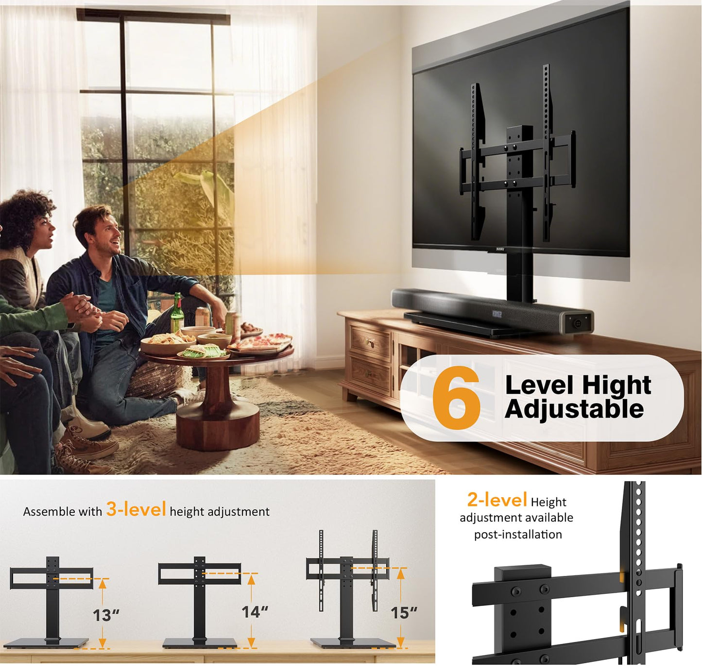 Universal TV Stand - Table Top TV Stand for 27-60 inch LCD LED TVs - 6 Level Height Adjustable TV Base Stand with Tempered Glass Base & Wire Management, VESA 400x400mm
