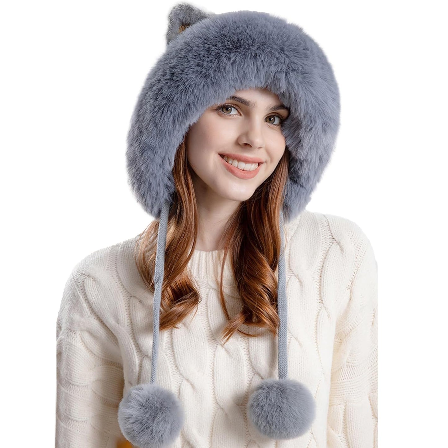 Fluffy Cat Ear Beanie Hats for Women Pompom Knit Skull Cap Winter Outdoor Warm Fleece Lined Earflaps Snow Hat
