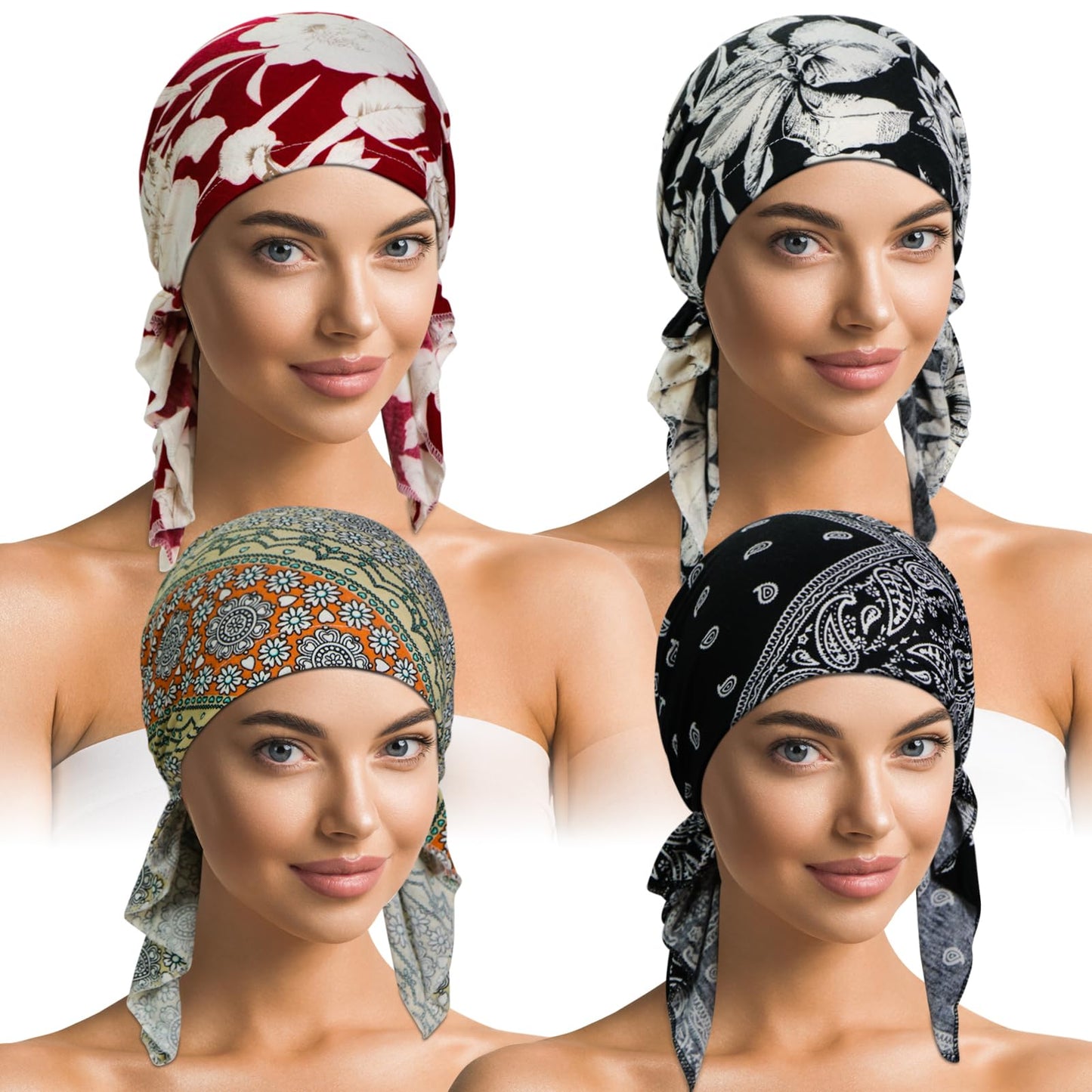 Oumrote 4 Pieces Soft Cotton Chemo Headwear for Women, Stretch Pre-Tied Chemo Head Scarves for Cancer