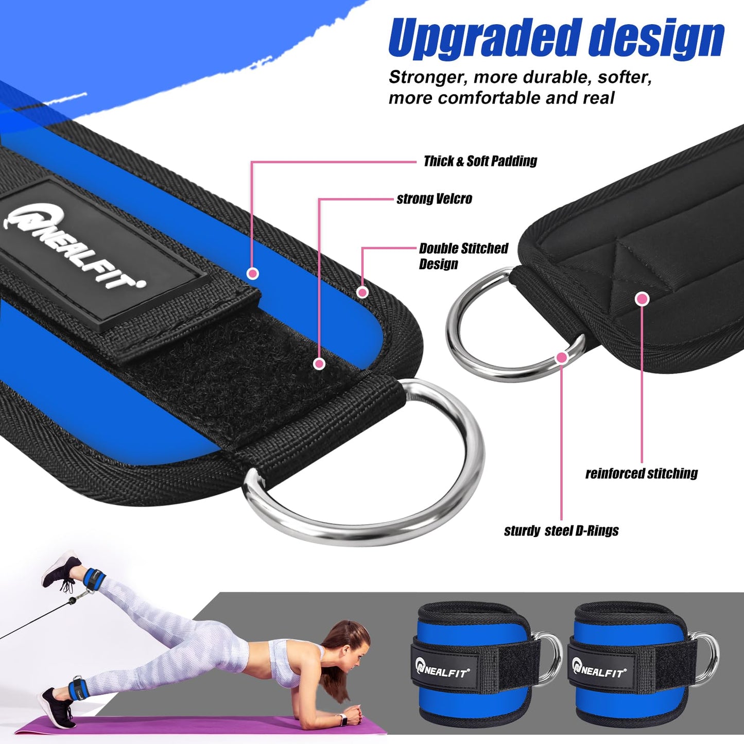NEALFIT Ankle Strap for Cable Machine, Gym Ankle Cuff for Kickbacks, Leg Extensions, Glute Workouts, Booty Hip Abductors Exercise for Women and Men (Pair, Sapphire Blue)