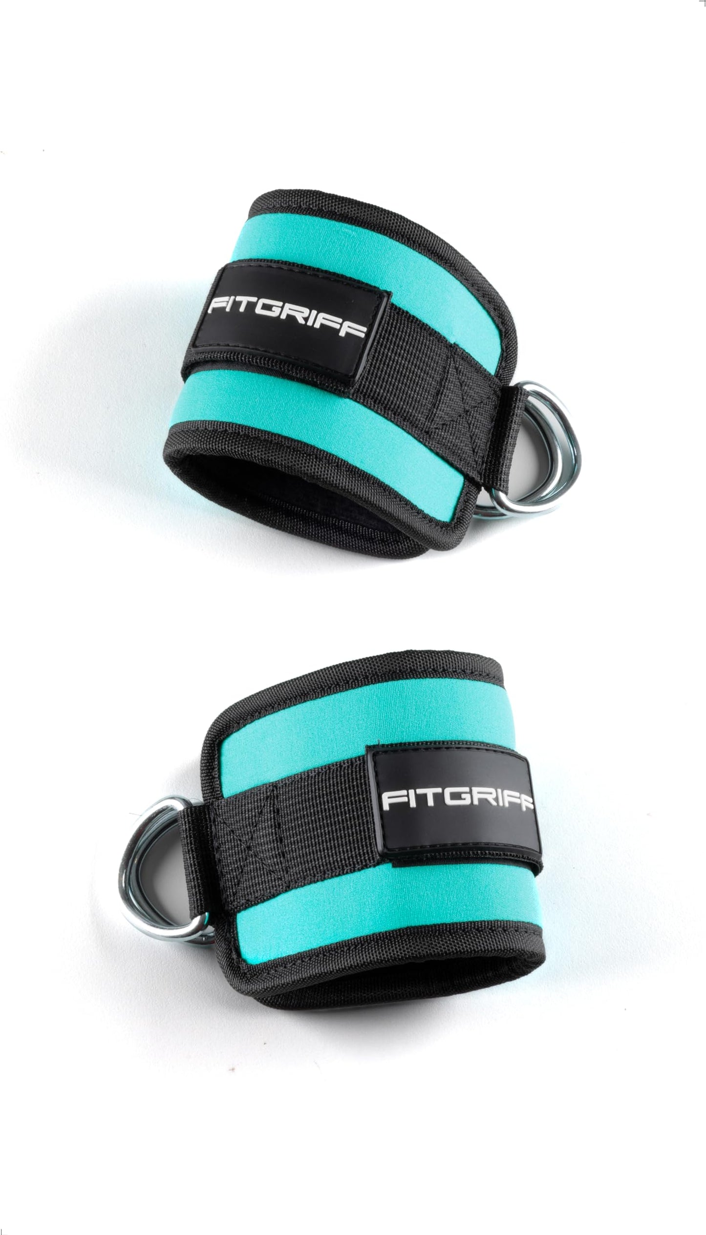 Fitgriff® Ankle Straps V1 for Cable Machine (2 Pieces) - Gym Workout Equipment - Leg Pulley Attachment, Kickback Straps (Cyan)