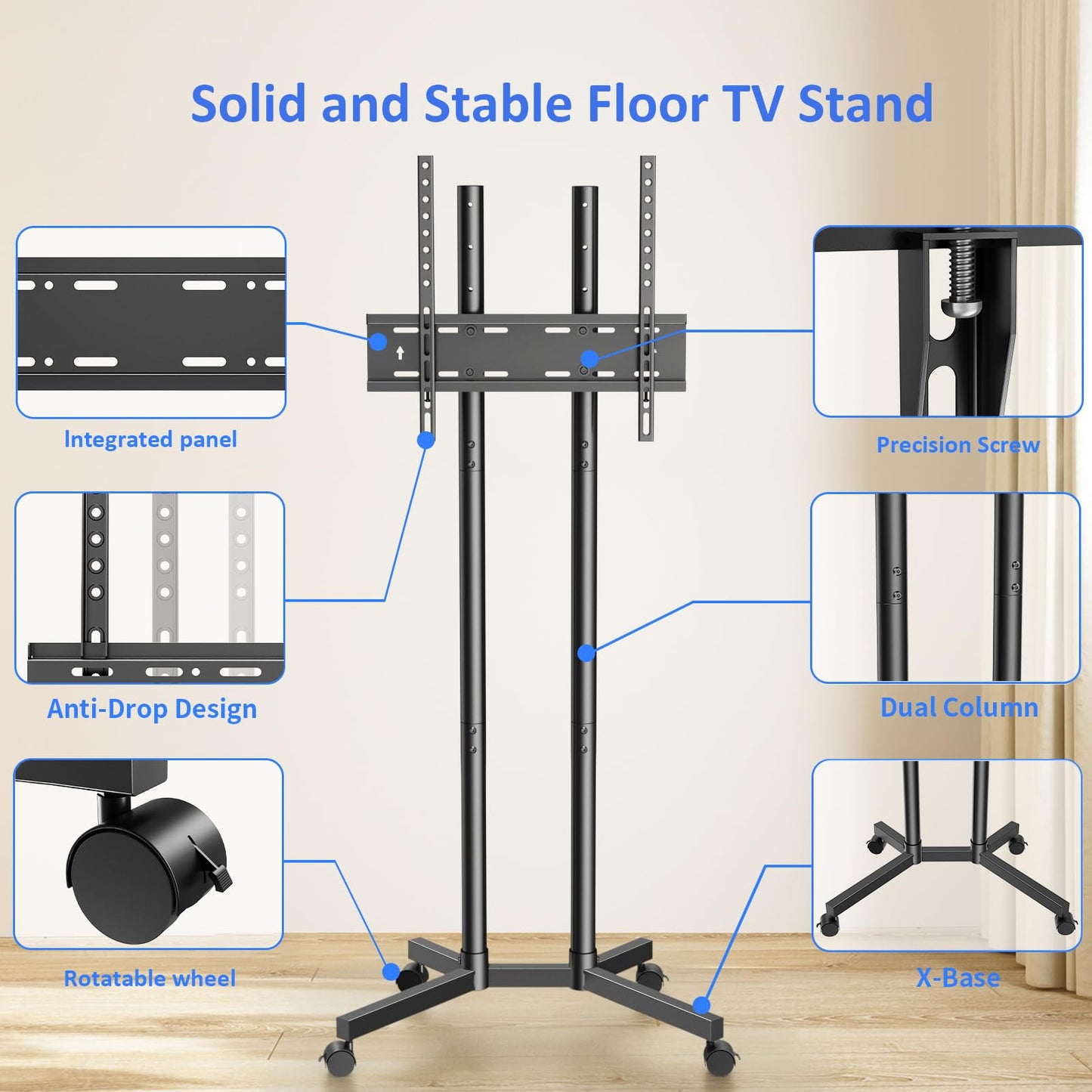 Afaloona Rolling TV Stand for 32 to 65 inch TVs up to 88 lbs, Mobile TV Cart with Lockable Wheels, Height Adjustable, Max VESA 400x400mm, Portable Mobile TV Stand for Bedroom, Office, Outdoor, Black