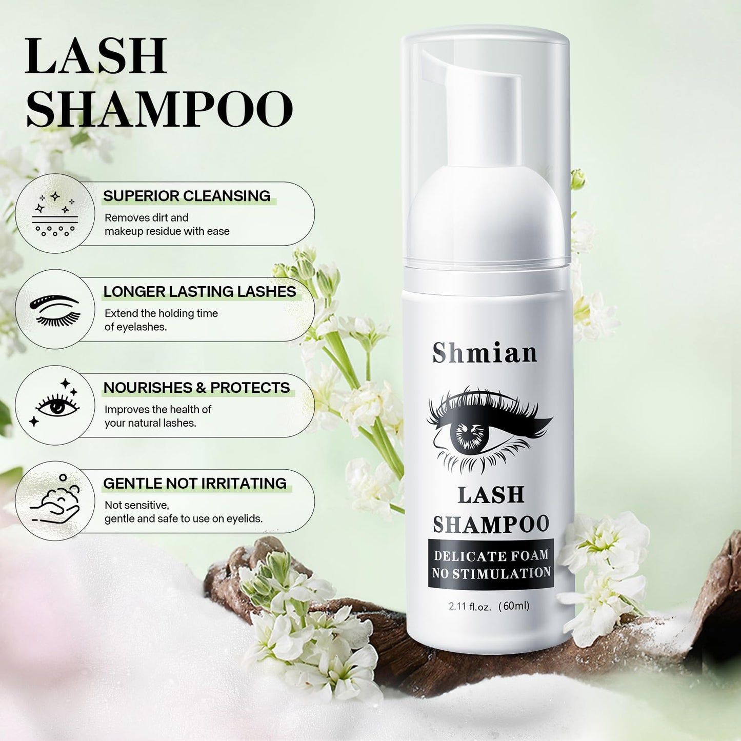 Shmian Professional Eyelash Shampoo & Cleanser 60ml - Gentle Lash Extension Cleansing Foam with Mascara Brush Kit, Handheld Fan - Safe Lash Bath Care for Long-Lasting Volume (Black Fan kit)