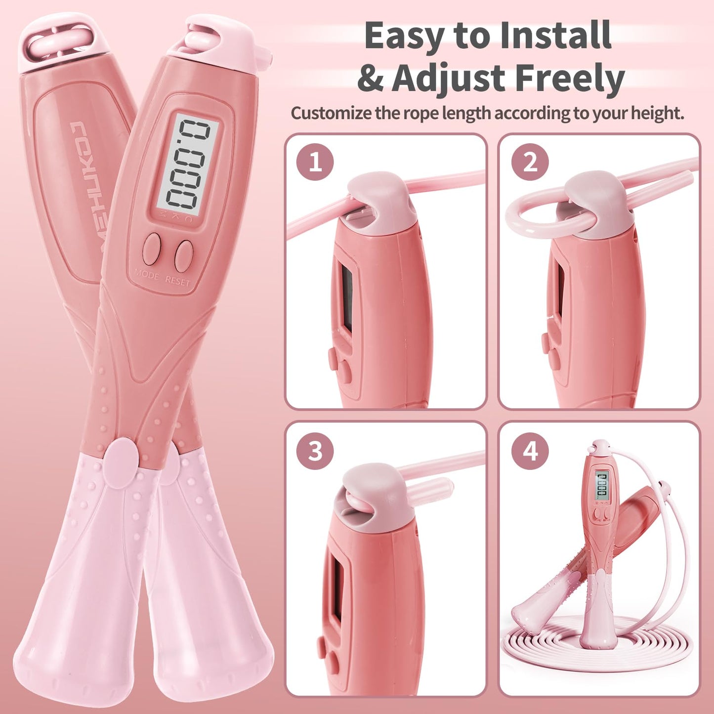 Jump Rope with Counter Cordless Jump Rope Ropeless Skipping Rope for Fitness Training Speed Rope with Digital Handle for Exercises Men, Women and Kids Wireless Skipping Rope Indoor Outdoor (Pink)