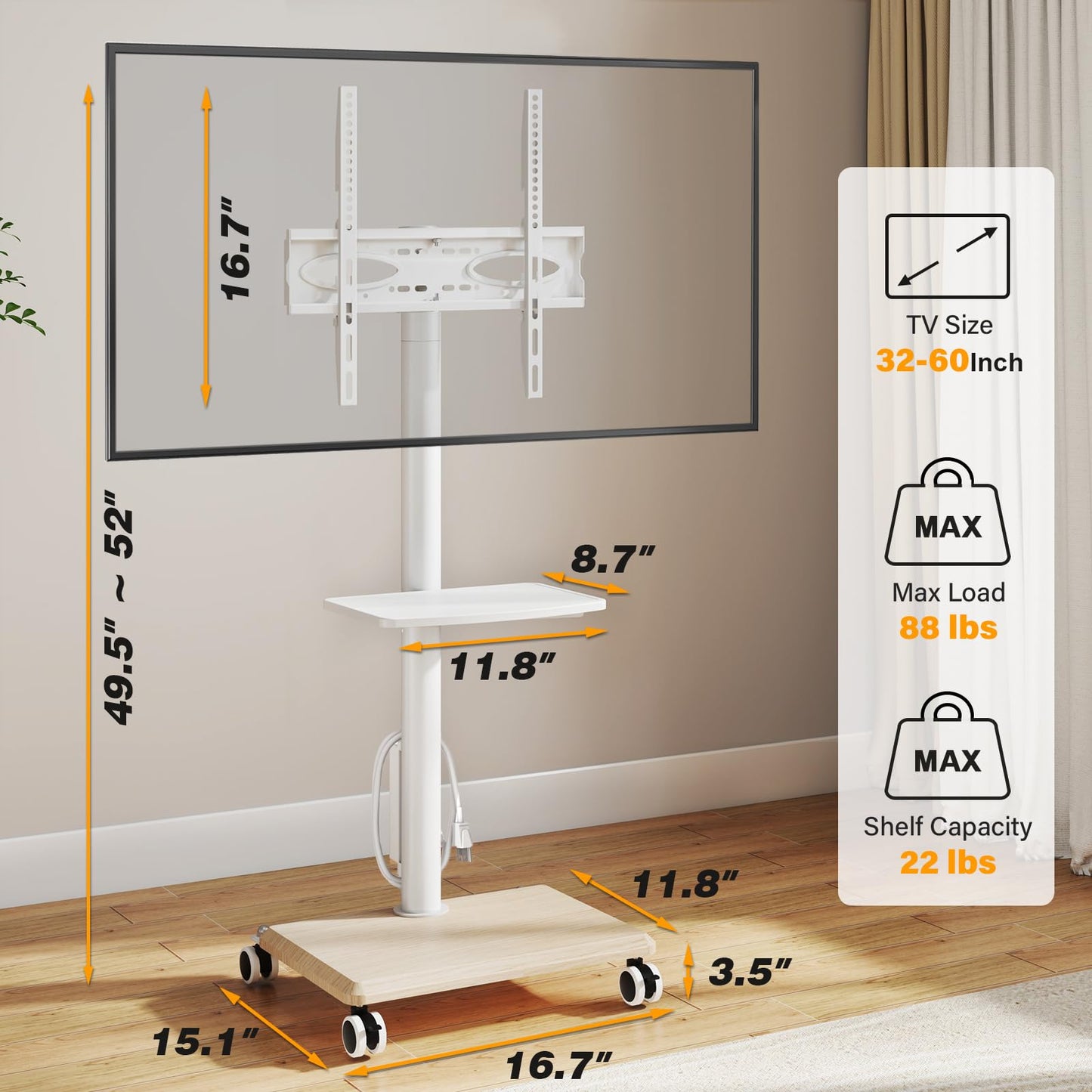 5Rcom Rolling TV Stand with Power Outlet for 32-60 inch TVs, Swivel and Height Adjustable Mobile TV Stand with Shelf, Strong TV Cart on Wheels up to 88 lbs for Living Room, Bedroom and Office, White
