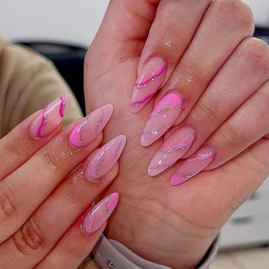 Almond Press on Nails Medium Fake Nails Pink False Nails with Design Silver Glitter Swirl Wave Acrylic Glue on Nails Glossy Artificial Stick on Nails for Women Girls Manicure Decoration 24Pcs