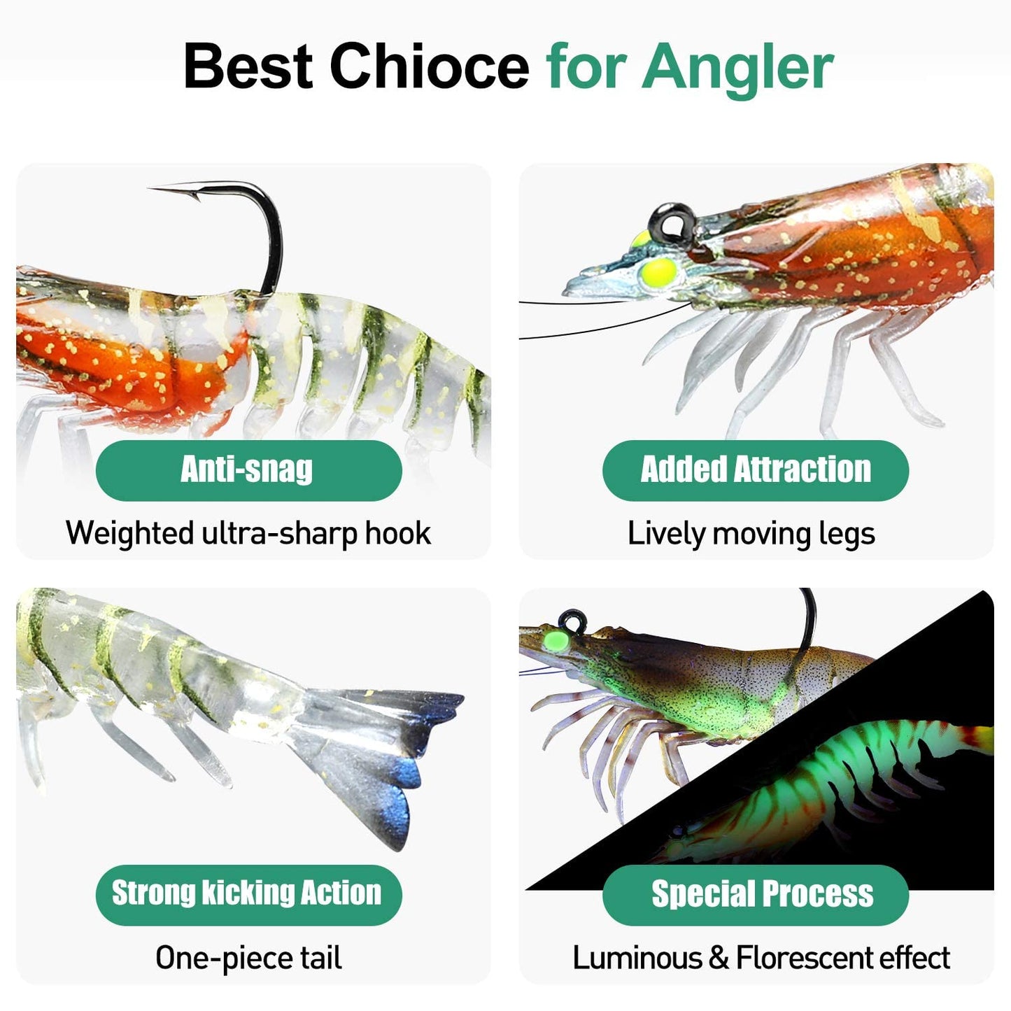 TRUSCEND Pre-Rigged Fishing Jigs, 1:50 Super Durable TPE Bass Fishing Lures, Well-Made Lifelike Soft Shrimp Swimbait, Weedless MarshSwamp Fishing Lure for Trout Crappie Walleye, Keep Separately!