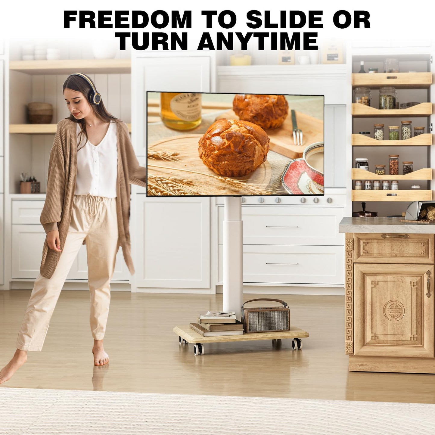 TVON Rolling TV Stand for 32 to 65 70 Inch TVs, Elegant Floor TV Stand with Wheels, Mobile TV Cart with 9 Levels of Height Adjustment for Optimal Viewing, White Floor Stand for Living Room