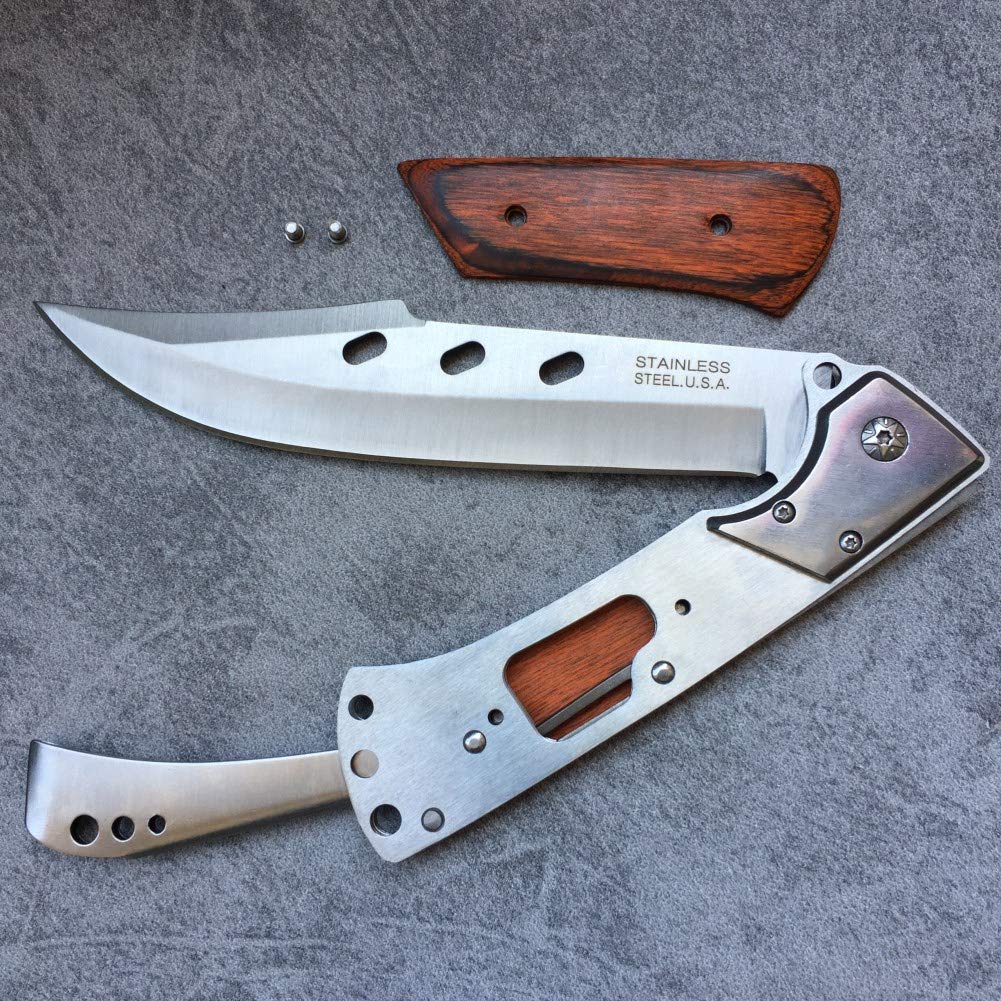 XHM Awesome Folding Knife Large 10.8-inch, Pocket Knives for Men, Hunting, Camping, Fishing, Survival, Hiking, Self Defense, Wood Handle (with Nylon Sheath)