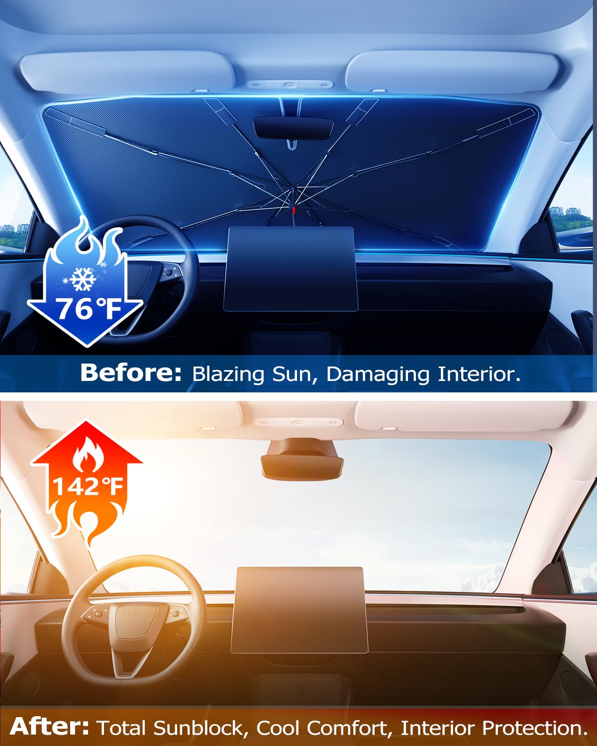 [2025 Upgrade] Doogoocoo Windshield Sun Shade [Ice-Crystal Cooling & 100% UV Block]-UPF50+ Heat Shield | Keep Car Cooler & Protect Interior, Foldable Car Sunshade with Reflective Coating (57"x32")