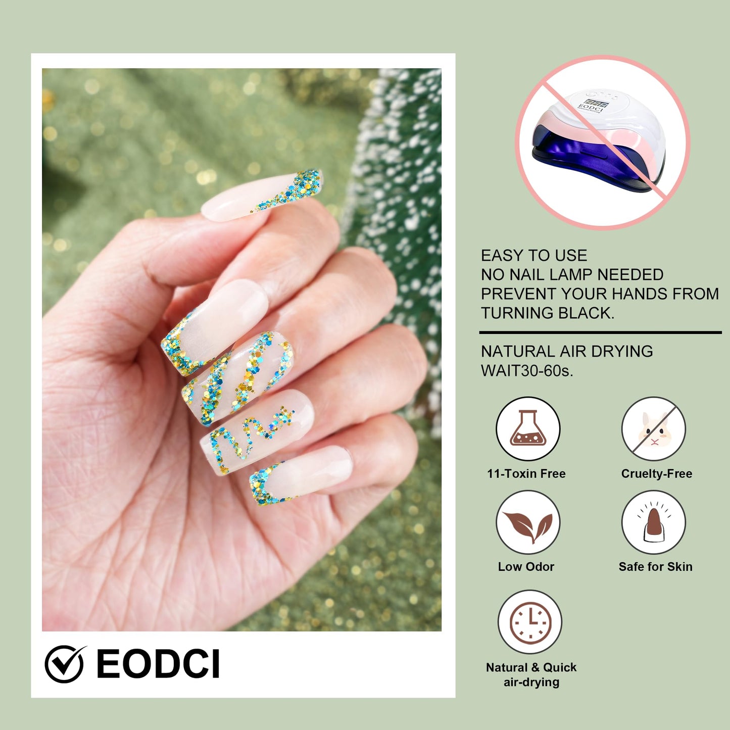 EODCI Dopamine Glitter Green Dip Powder Nail Color, Dip Powder Nail 1 Oz Nail Dipping Powder French Nail Art for Starter Manicure Salon DIY at Home, Fall Winter Dip Powder Colors Long Lasting