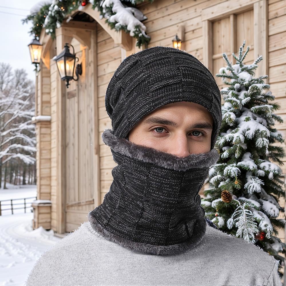 Winter Hat Scarf Gloves Set for Men Women, Knit Beanie Hat,Neck Warmer Scarf,Warmer Touch Screen Gloves and Earmuffs Ear Warmer for Men Women