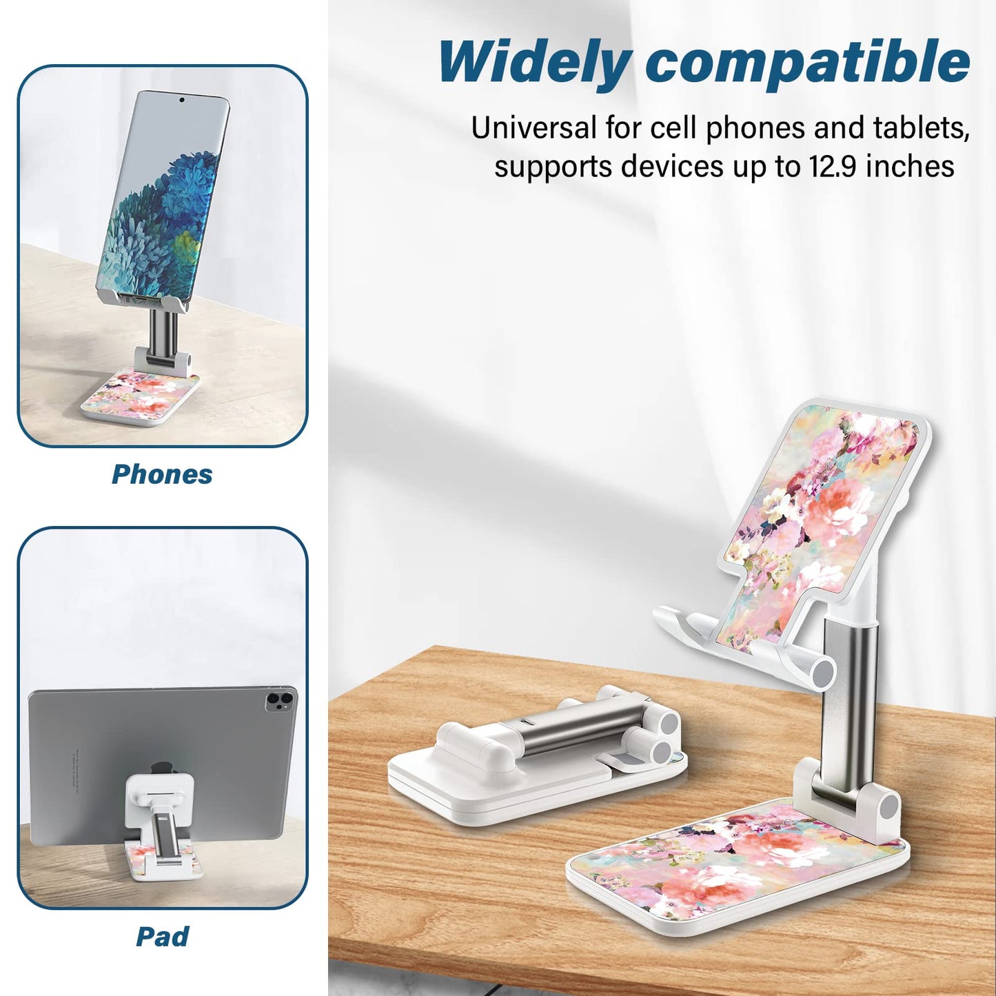 TJIHACNGE Foldable Phone Stand for Desk, Adjustable Angle of View, Suitable for iPhone, Samsung and Other Smart Phones, Pink Flowers