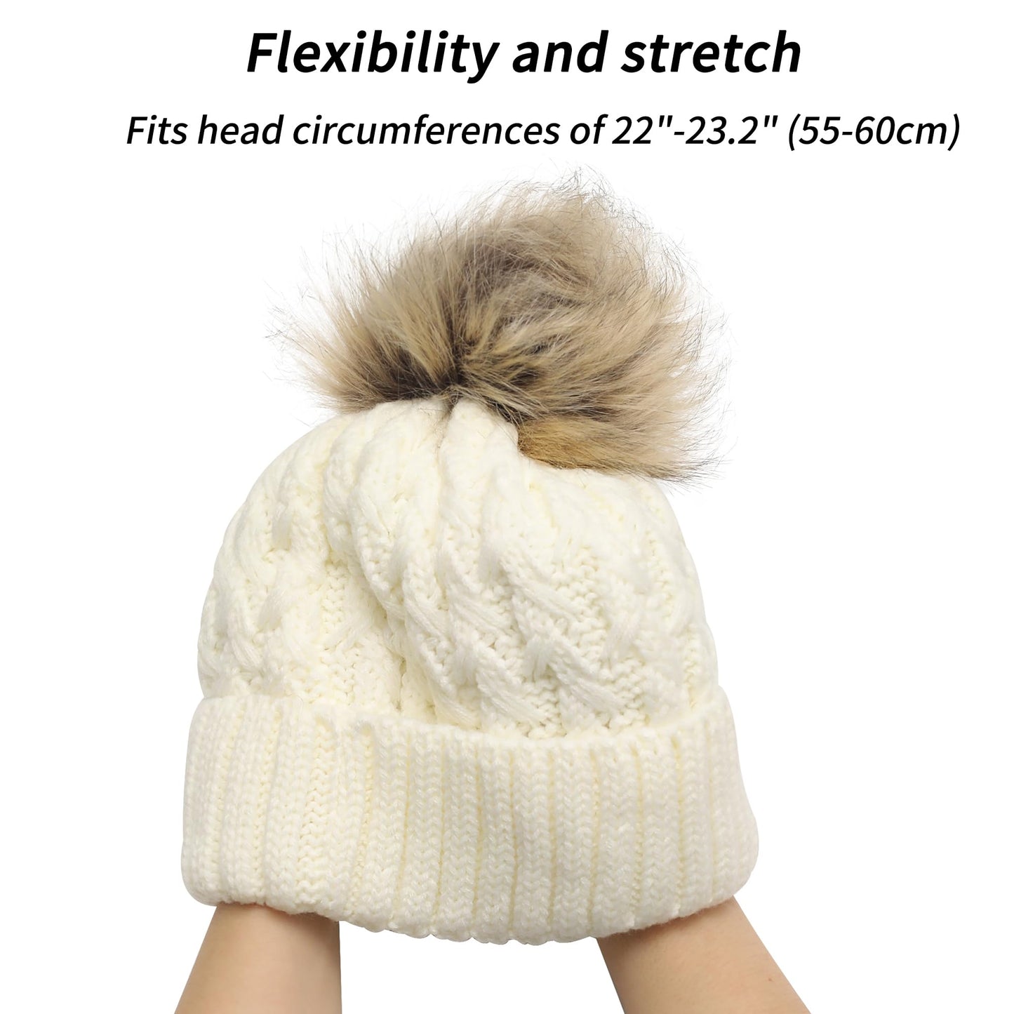 ZLYC Womens Knitted Beanie with Faux Fur Pom Pom Thick Fleece Lined Warm Winter Hat Snow Cap, Solid White