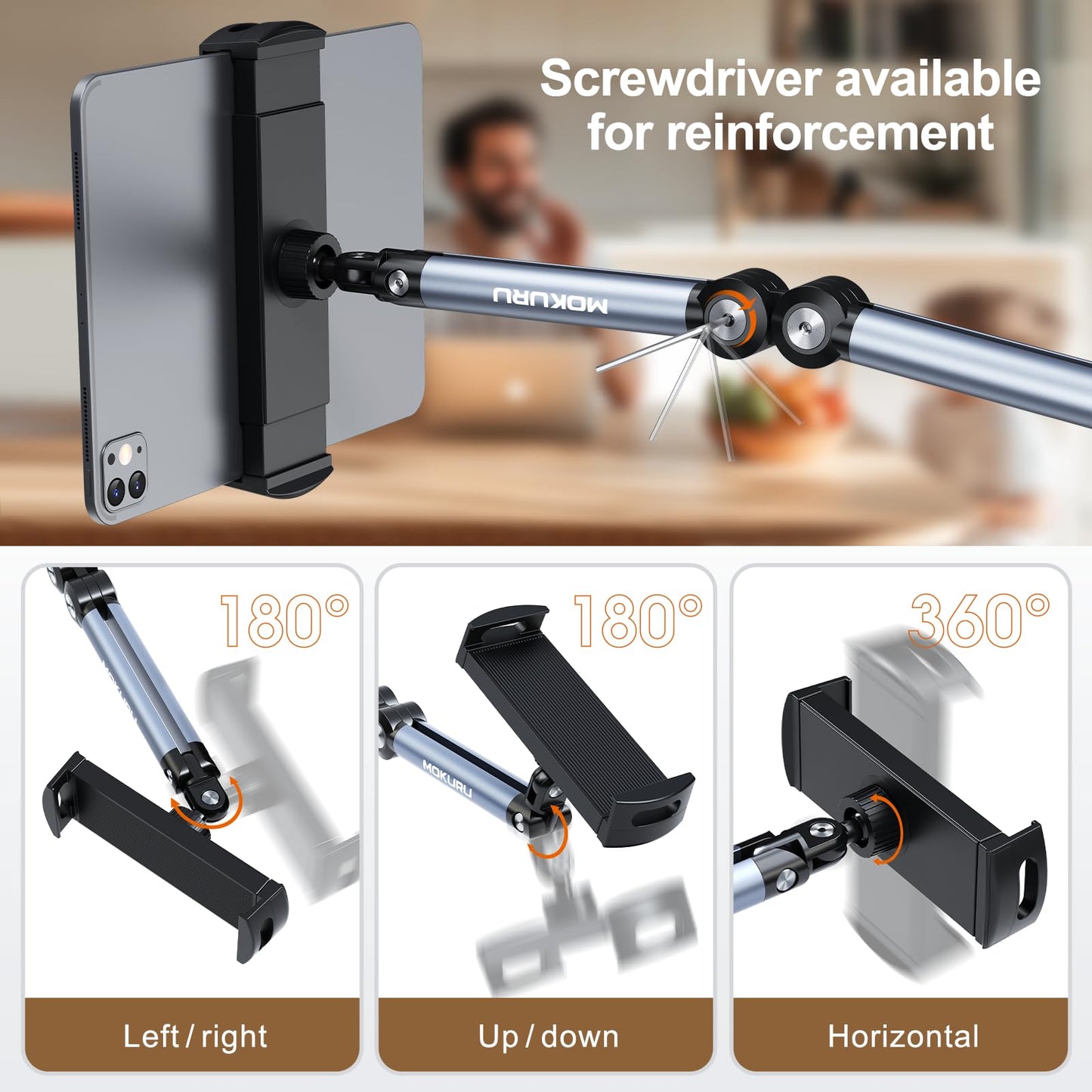 MOKURU Tablet Floor Stand, Adjustable Tablet Stand, 360° Rotation Tablet Holder, Compatible with iPad, iPhone, Samsung, Google, Kindle Tablet/Phone, (4.5''-12'')