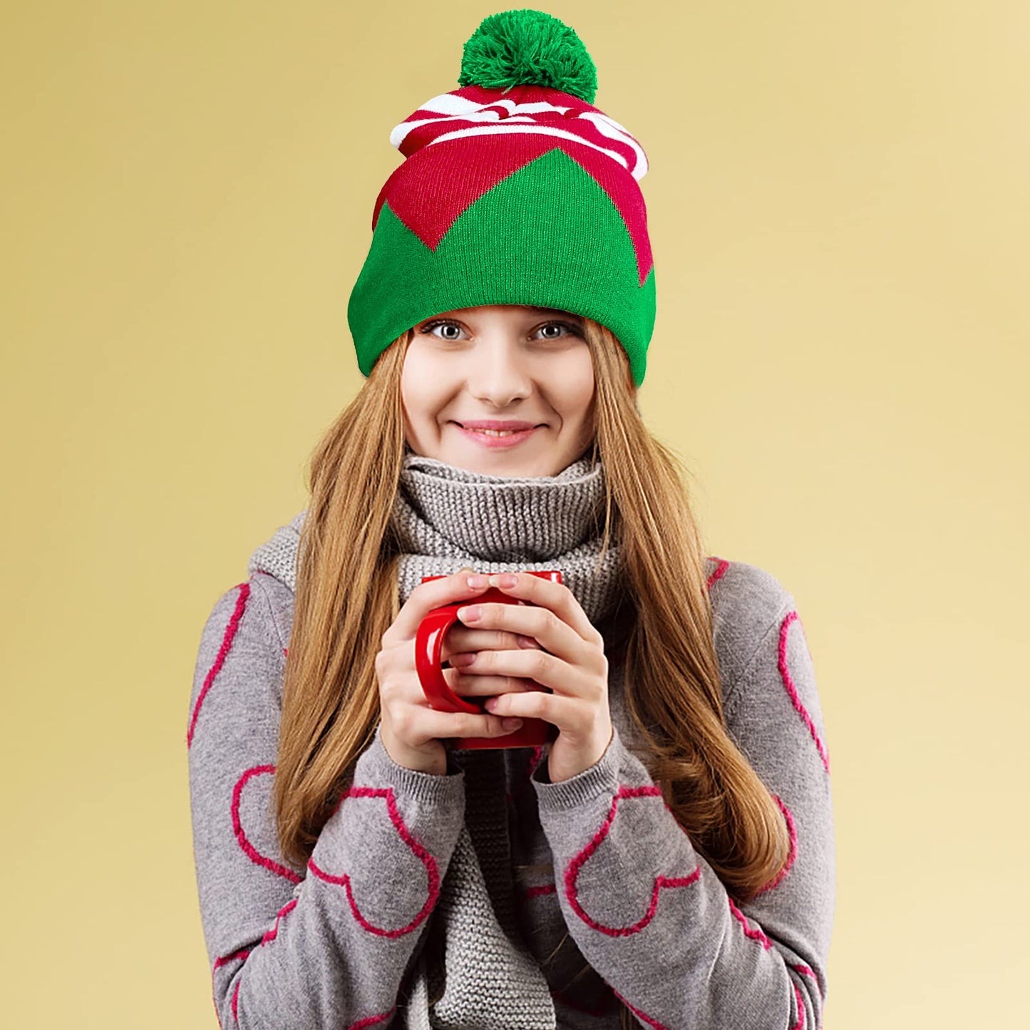 Asikkon Christmas Elf Knitted Hat for Adults Xmas Beanie Knit Hat Cute Santa Winter Warm Hat for Men Women Gifts Red and Green