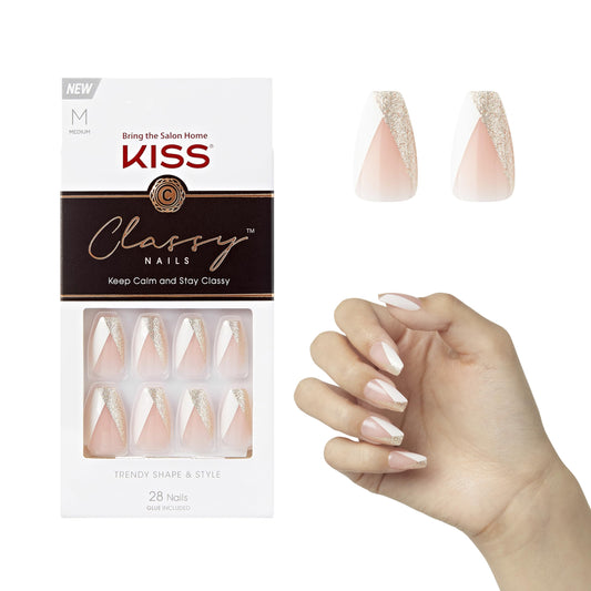 KISS Classy Nails, Press-On Nails, Nail glue included, 'The BOSS', Silver, Medium Size, Coffin Shape, Includes 28 Nails, 2g Glue, 1 Manicure Stick, 1 Mini file