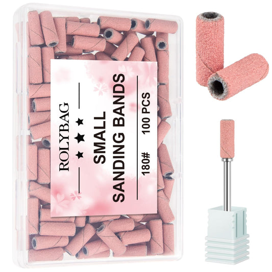 Rolybag 100pcs Small Sanding Bands Nail Drill Bits 180 Fine Grit Nail File Sanding Bands with 3.1mm Mandrel Bit for Acrylic Nails Gel Removing Shaping Professional Manicures and Pedicure, Pink