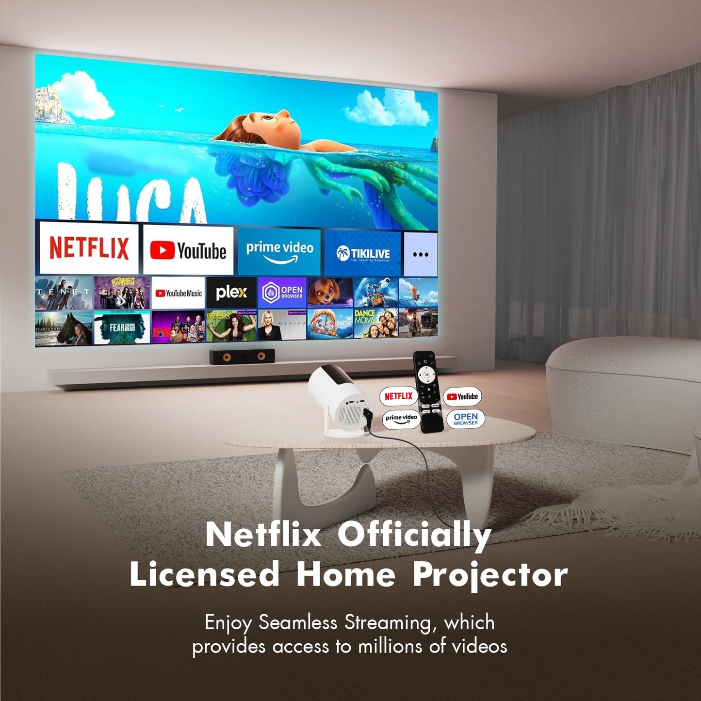 [Netflix Officially Licensed] Tecaki Smart Projector, Mini Projector with WiFi and Bluetooth, Portable Projector for Outdoor, 180° Rotatable Stand, Auto Keystone & Electric Focus, 4K Supported