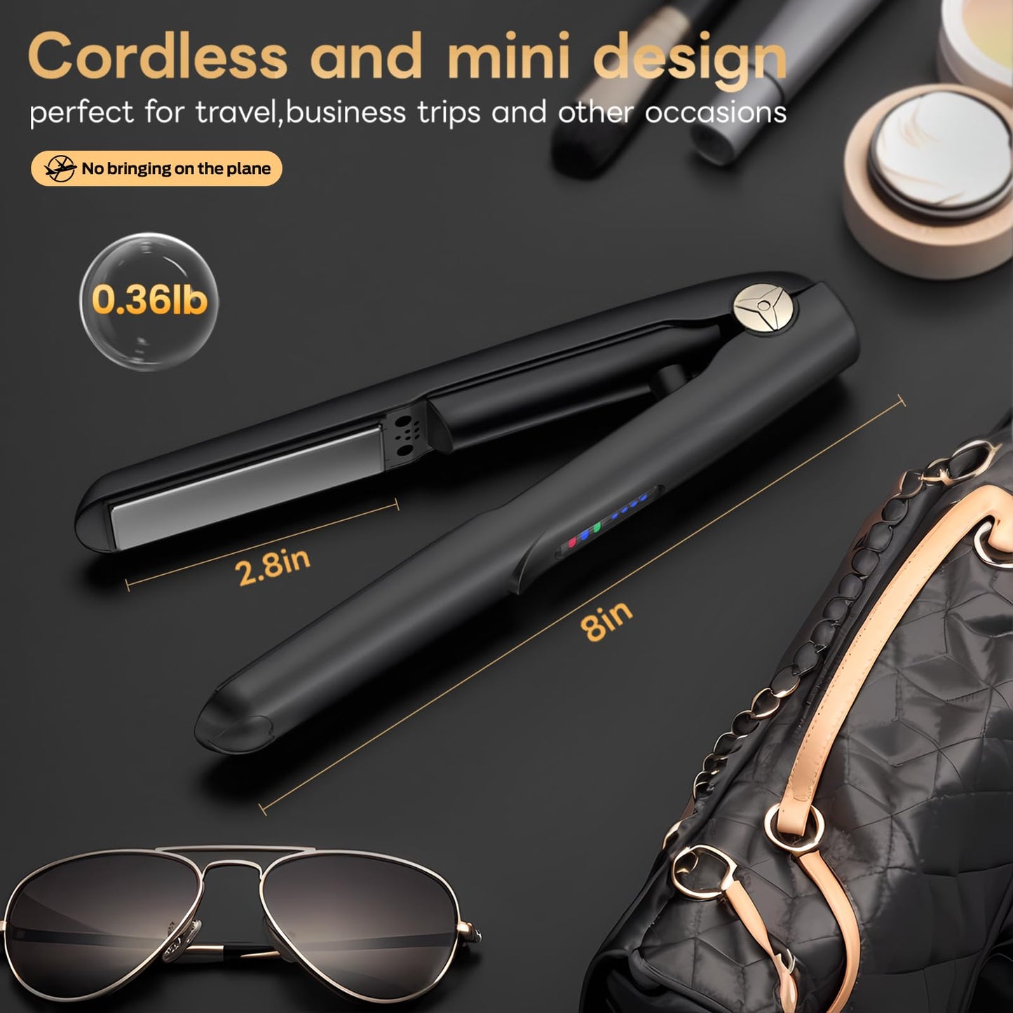 Cordless Hair Straightener and Curler 2 in 1 Ceramic Flat Iron Mini Cordless Portable Travel Hot Tools Straight Curl for Women Men USB Rechargeable with Pouch (Black)