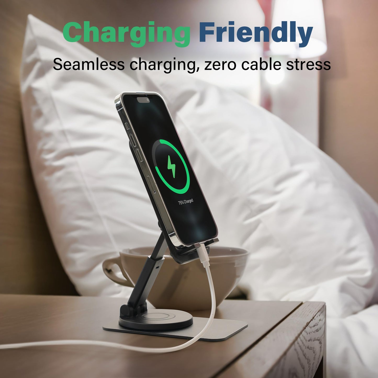 SenseAGE Rotatable Cell Phone Stand, Adjustable Folding Cell Phone Stand for Desk, Home Office Mobile Stand, Desktop Phone Holder, Compatible with iPhone&Smart Phones Accessories (Black)