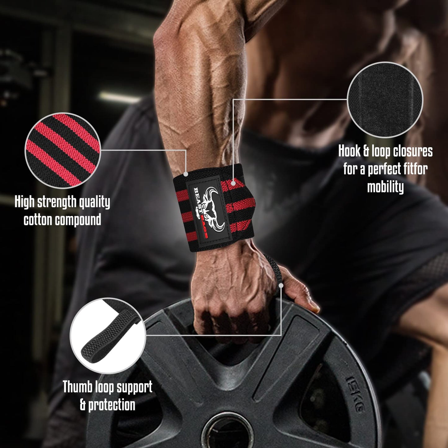 BEAST RAGE Weight Lifting Wrist Wraps Muscle Building Performance Training Gym Exercise Fitness Straps Thumb Loop Support Stretchable Cotton Bandage Brace Training Cuff (Black/Red)